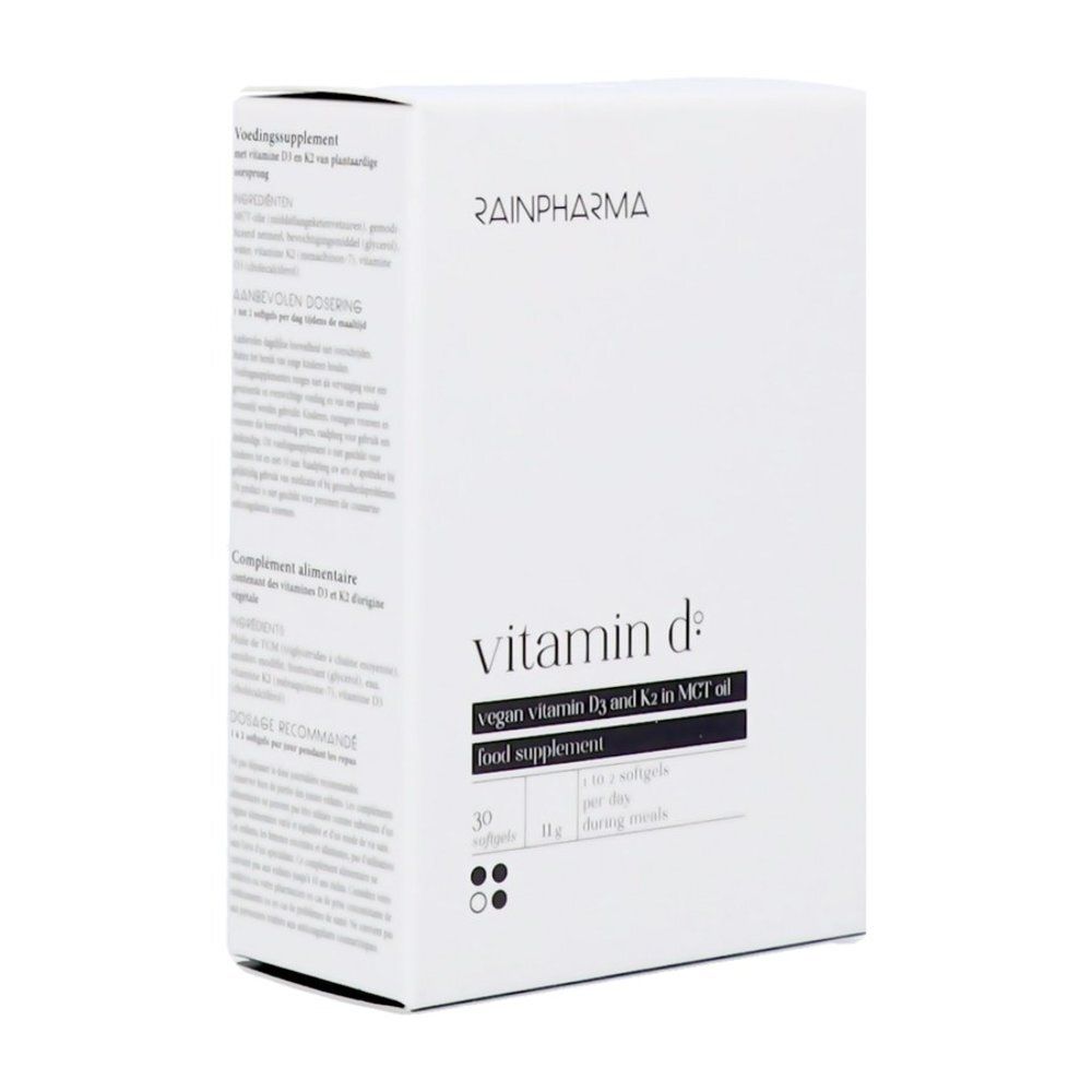 Rainpharma Vitamine D doosje, voorkant met "vegan vitamine D3 en K2 in MCT-olie".