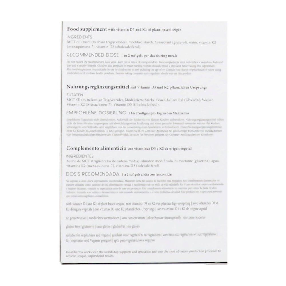 Rainpharma Vitamine D doosje, zijaanzicht met ingrediënten en dosering.