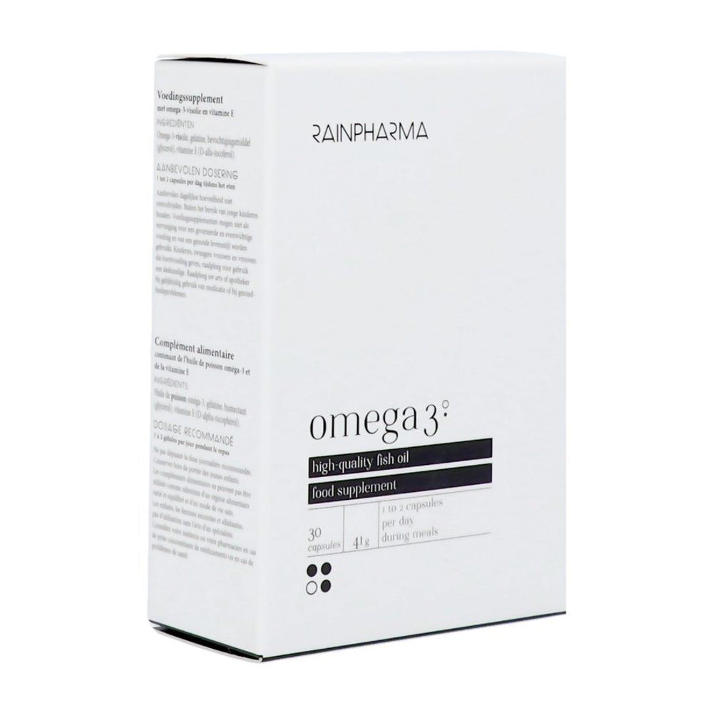 Rainpharma Omega 3 verpakking, voorkant met productnaam en aantal capsules.