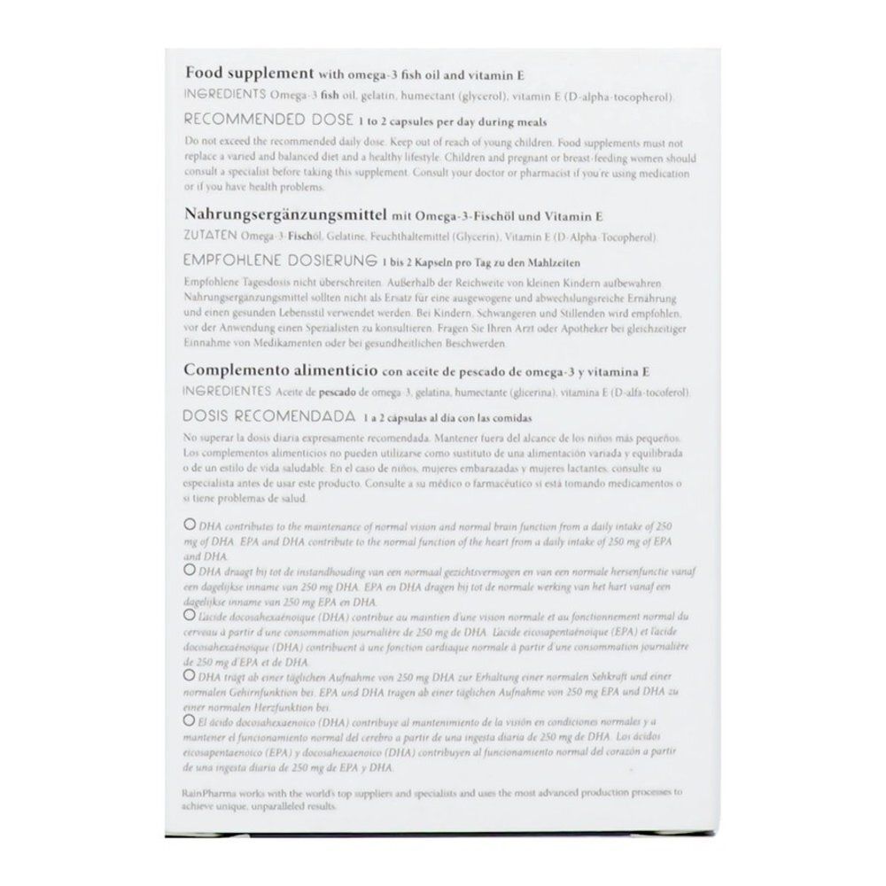 Rainpharma Omega 3 verpakking, zijkant met informatie in het Frans en Nederlands.