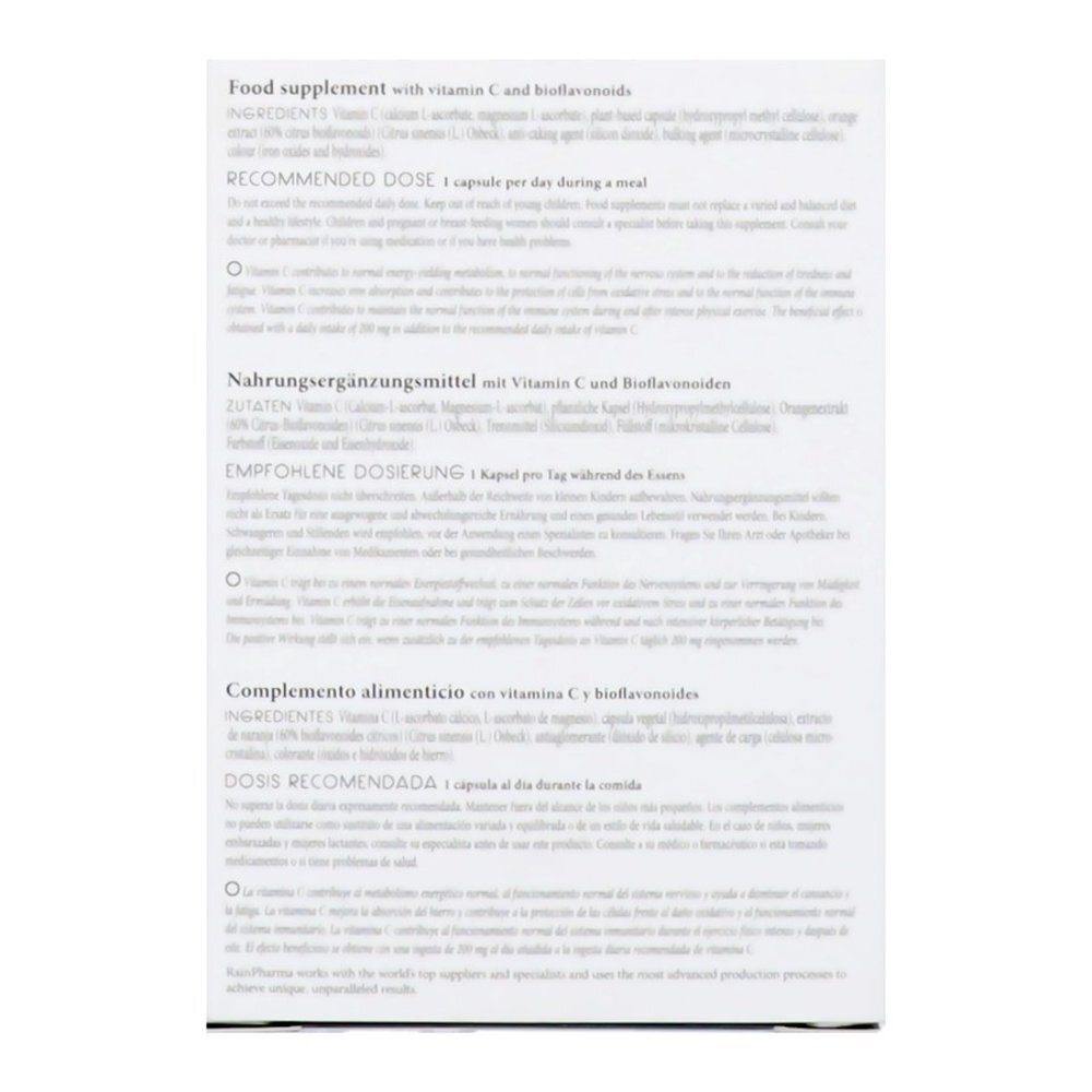 Rainpharma Vitamine C verpakking, achterkant met ingrediënten en dosering.