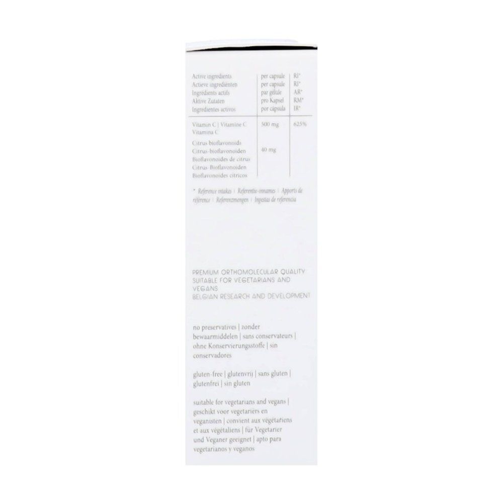 Rainpharma Vitamine C verpakking, zijkant met voedingswaarde en dosering.