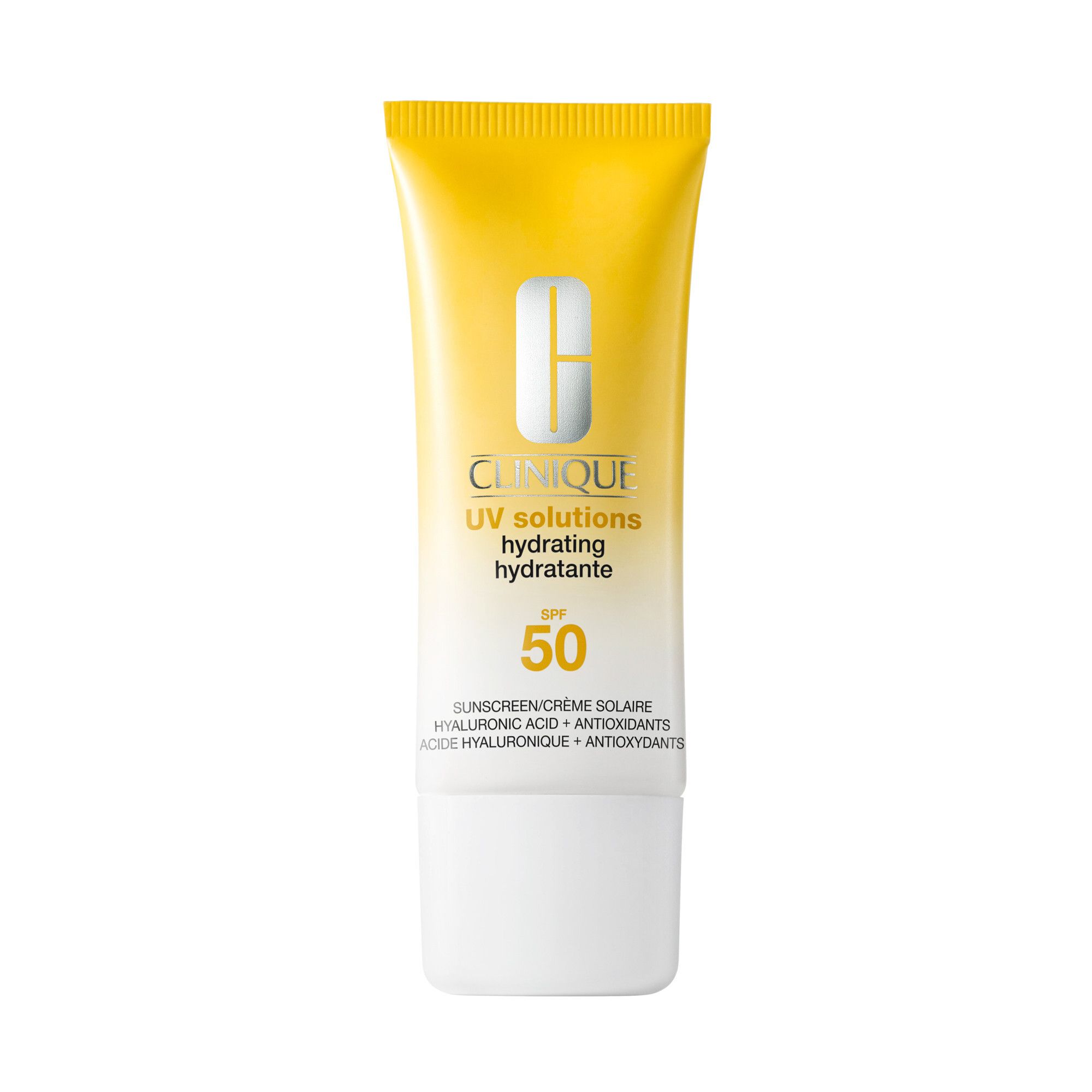 Gele tube met witte dop. Opschrift: Clinique UV solutions hydrating hydratante SPF 50. Zonnecrème.