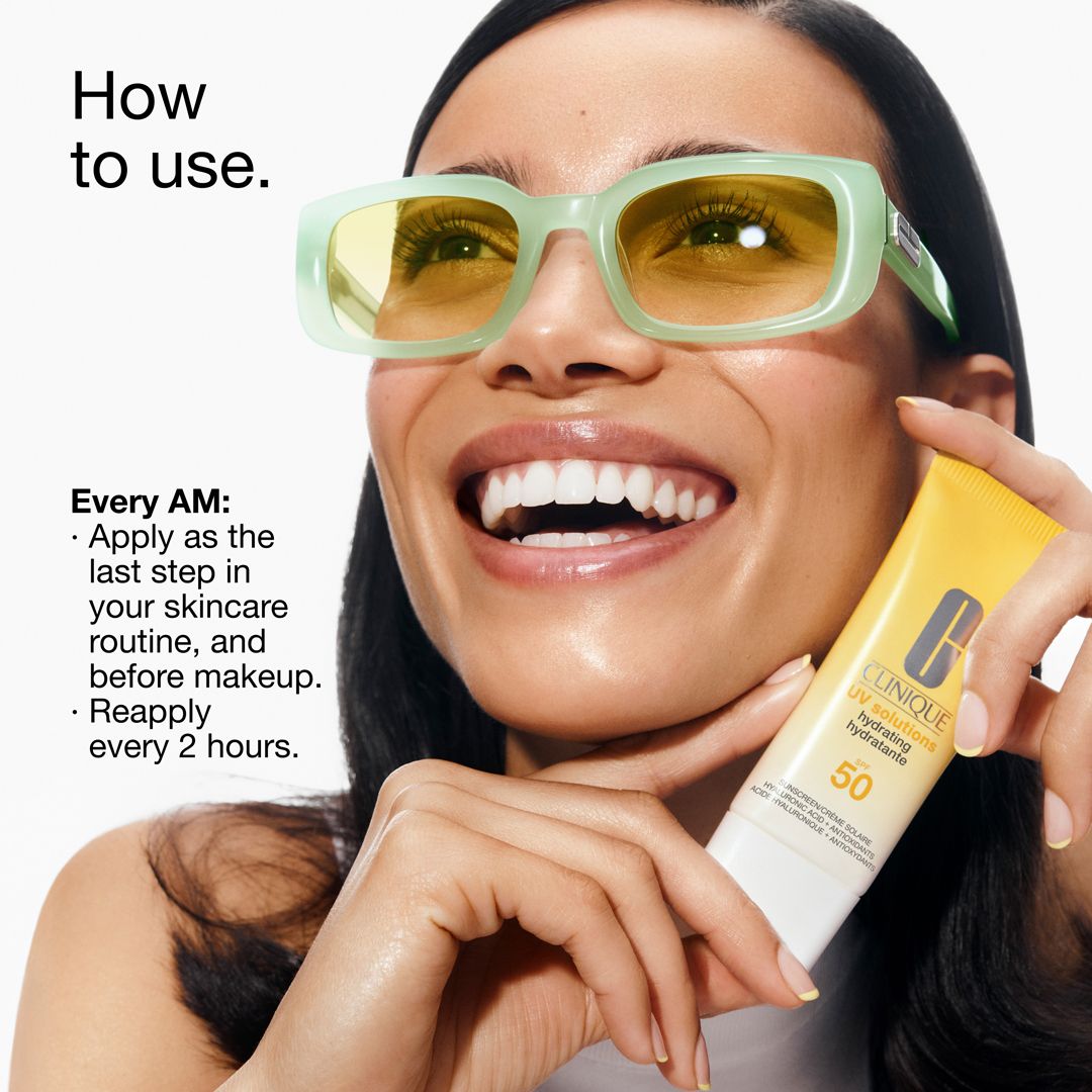 Vrouw met zonnebril houdt een tube vast. Opschrift: Clinique UV solutions hydrating hydratante SPF 50.