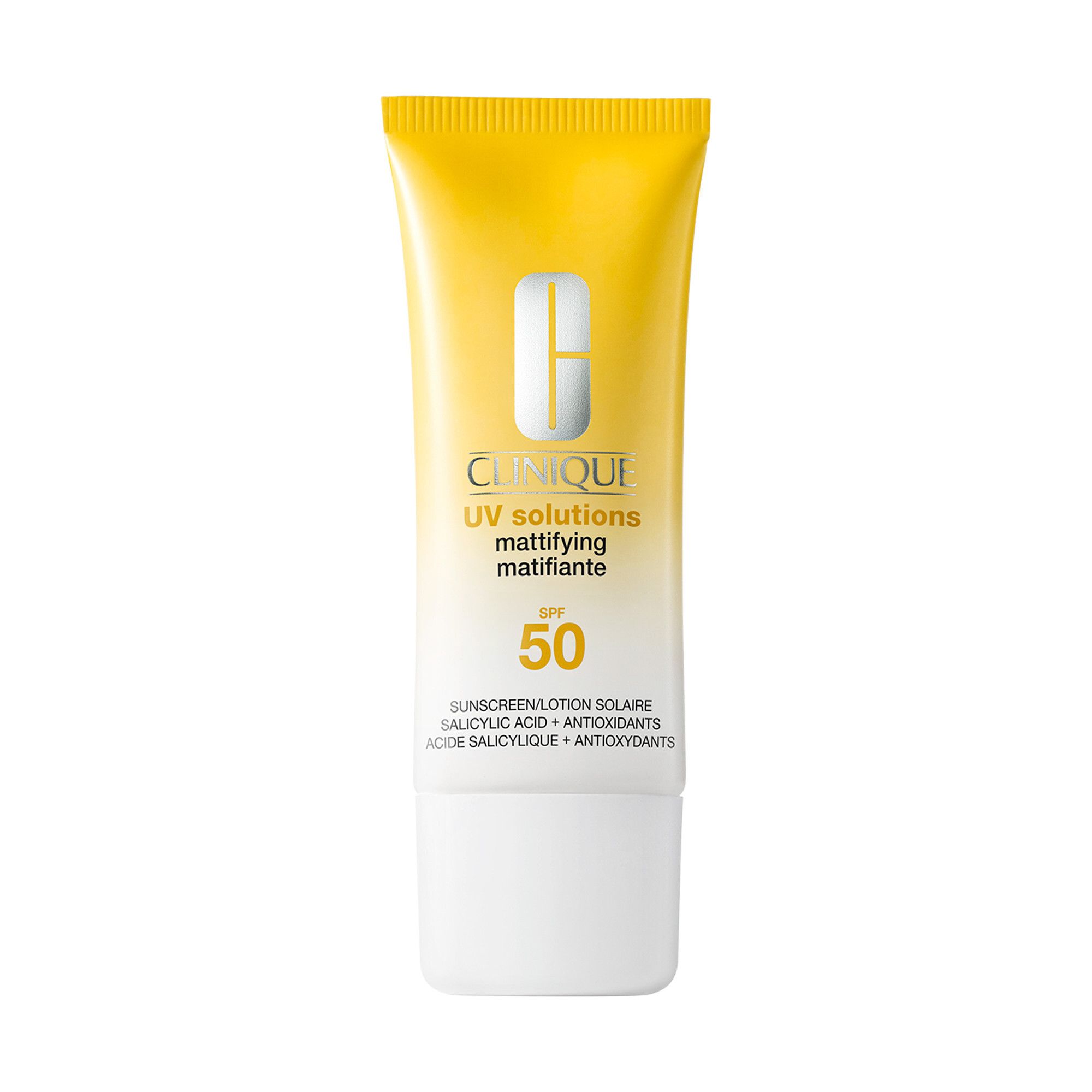 Gele tube Clinique UV Solutions, matterende zonnecrème SPF 50. Witte dop, logo en tekst.