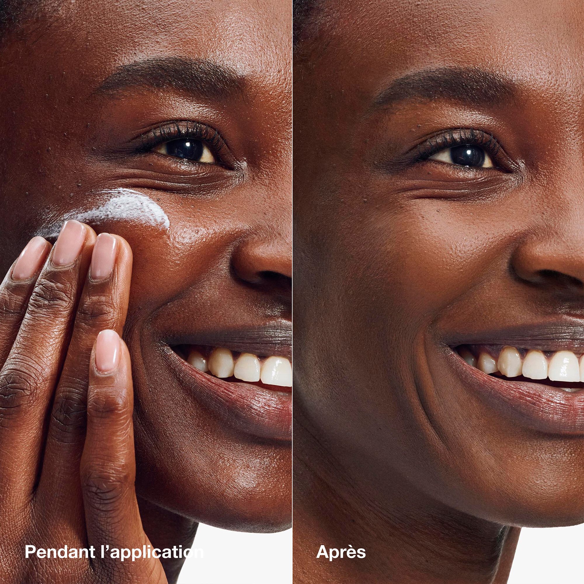 Gezicht dat zonnecrème aanbrengt. Vergelijking voor/na. Huid ziet er gladder uit.