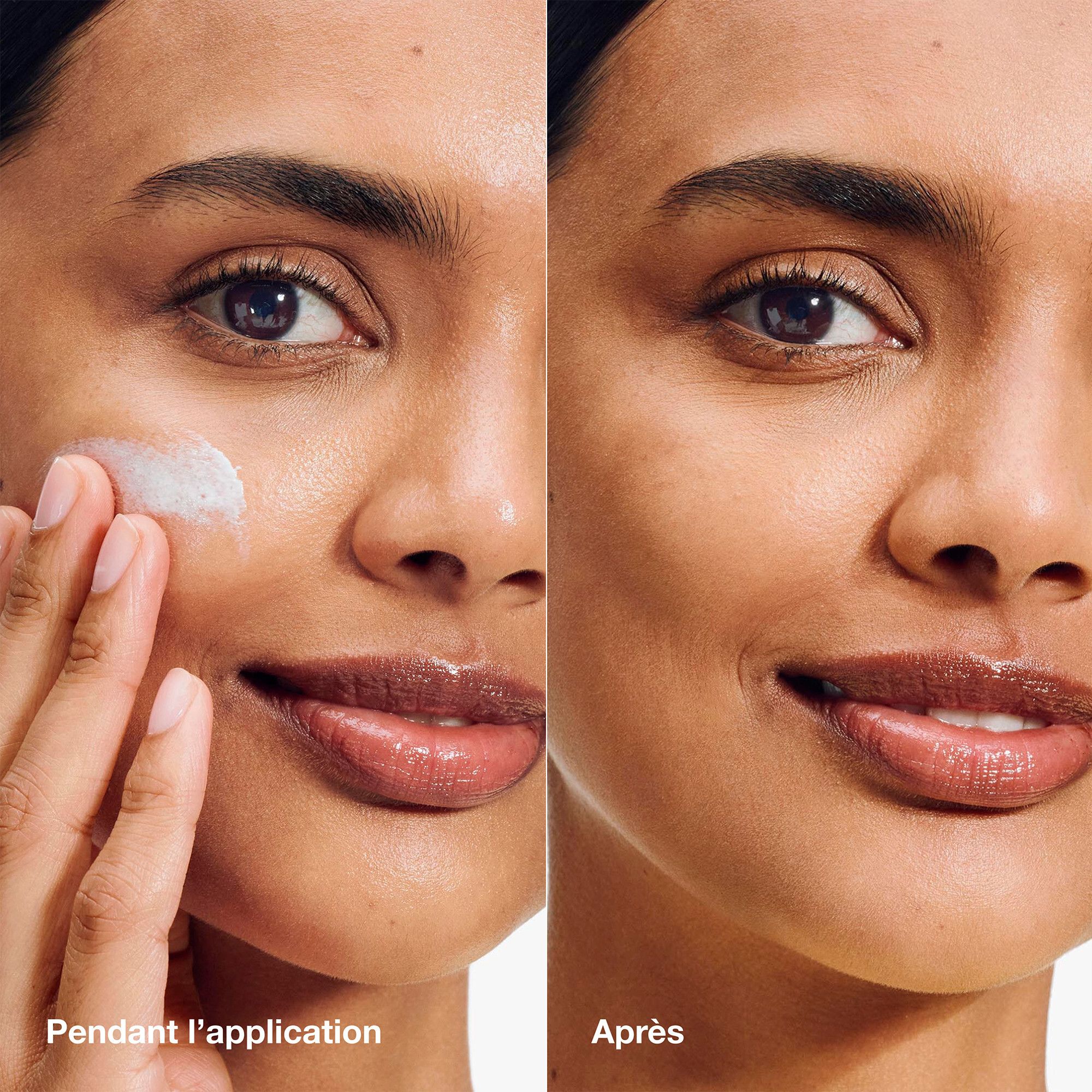 Gezicht dat zonnecrème aanbrengt. Vergelijking voor/na. Huid ziet er gladder uit.