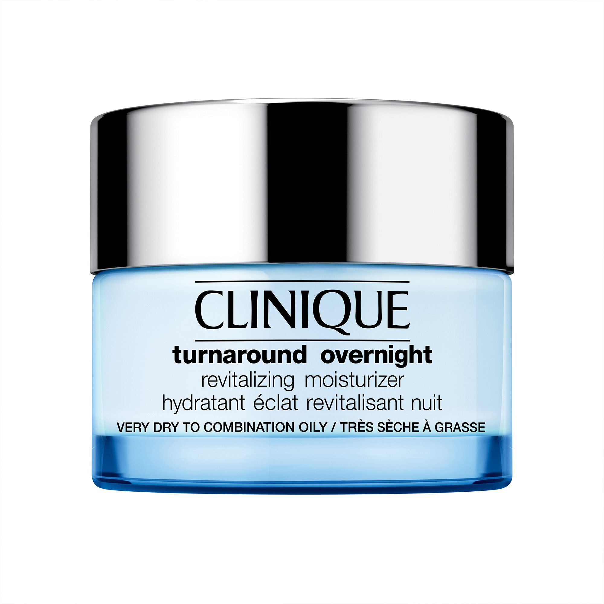 Pot bleu avec couvercle argenté. Inscription: Clinique Turnaround Overnight revitalizing moisturizer.