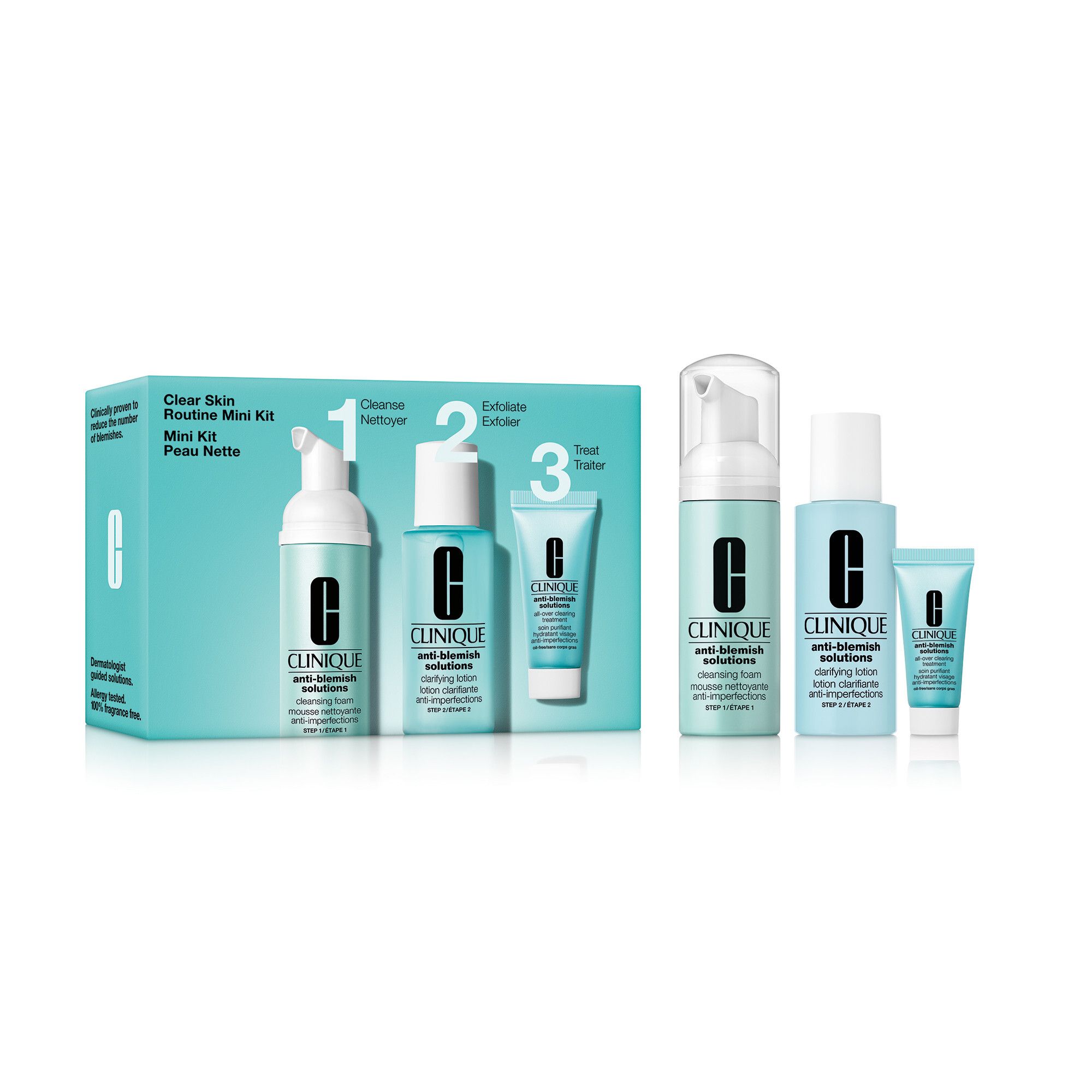 Clinique Mini Kit Peau Nette. Drie producten in lichtblauwe verpakking. Bevat reinigingsschuim, lotion en crème.