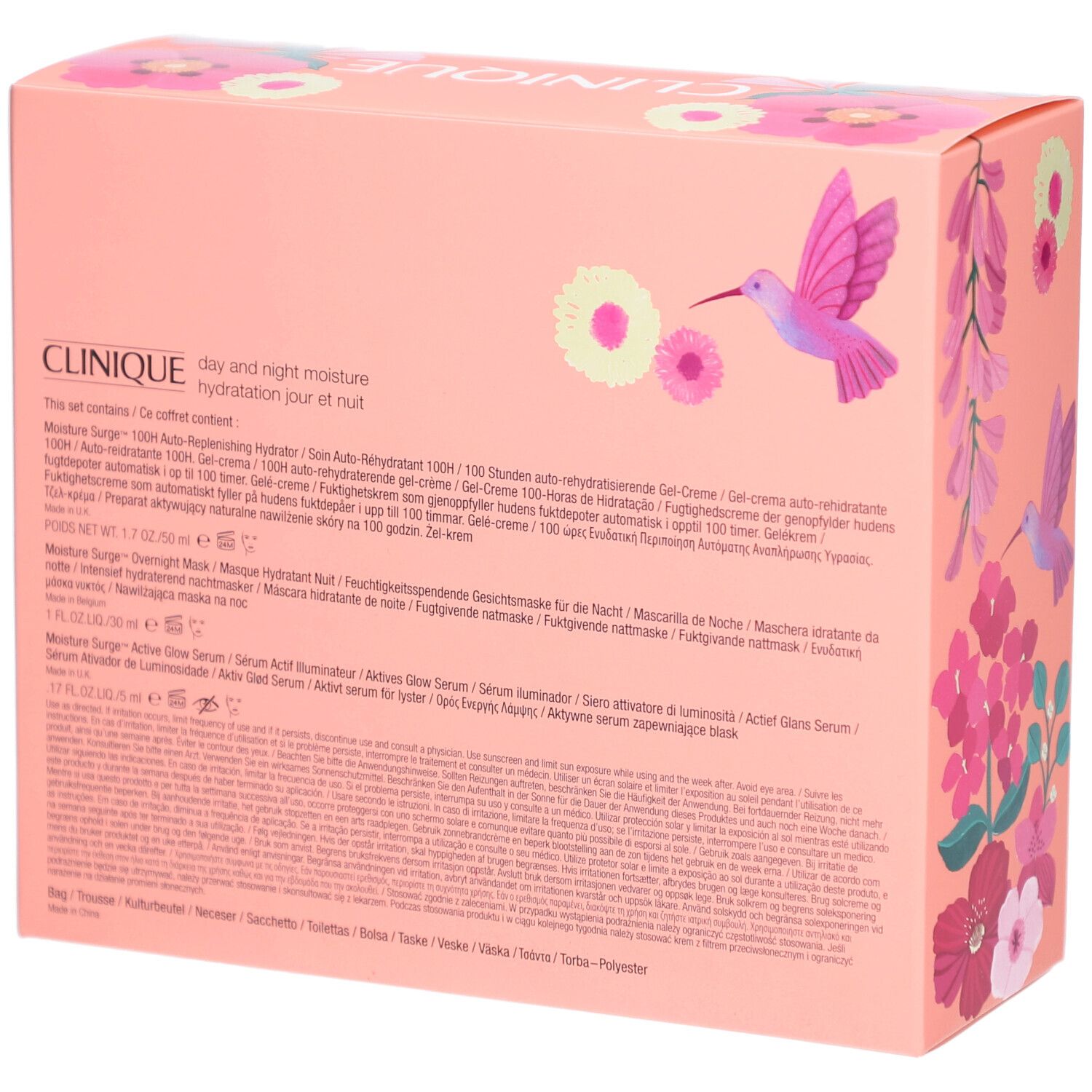 Dos du coffret cadeau avec informations produit. Fond rose avec fleurs et oiseau.
