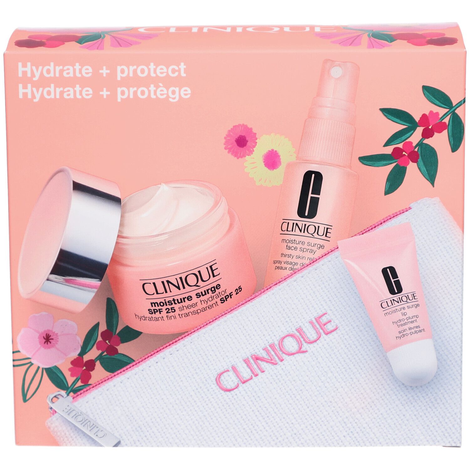 Cadeauset met producten. Bevat crème, spray, lipverzorging en etui. Roze verpakking met belettering.