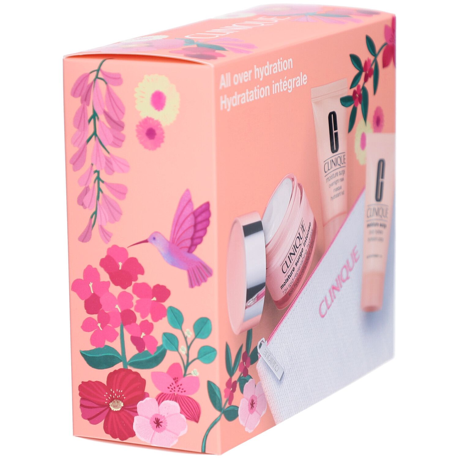 Roze geschenkdoos met bloemmotief. Bevat producten. Opschriften: Clinique, Moisture Surge, Hydratation intégrale.