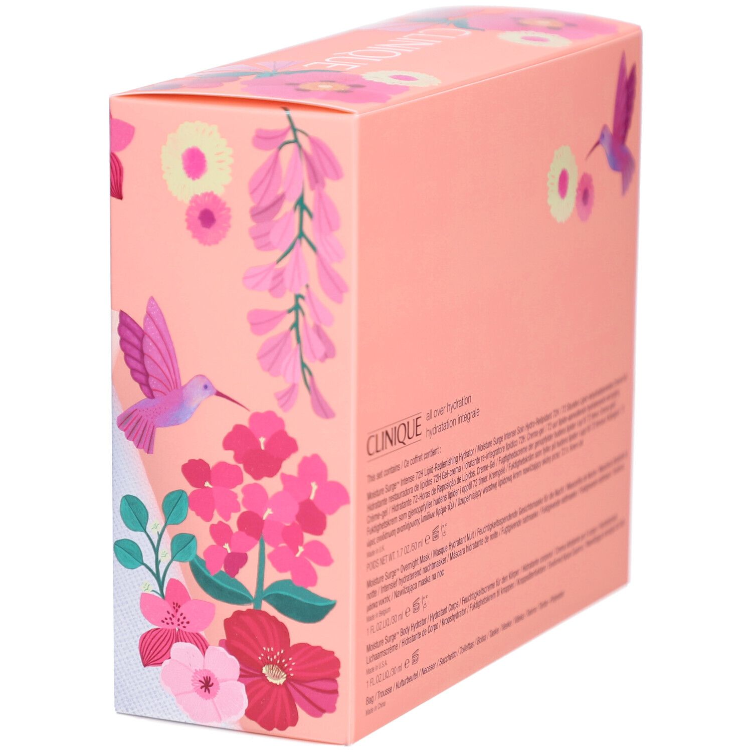 Roze geschenkdoos met bloemmotief. Tekst: Clinique, Moisture Surge, Hydratation intégrale. Productbeschrijvingen.