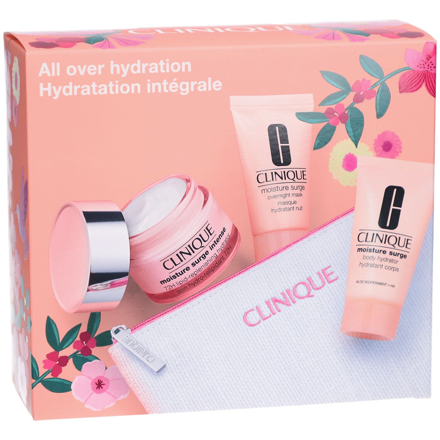 Roze geschenkset. Bevat crème, twee tubes, toilettas. Opschriften: Clinique, Moisture Surge, Hydratation intégrale.