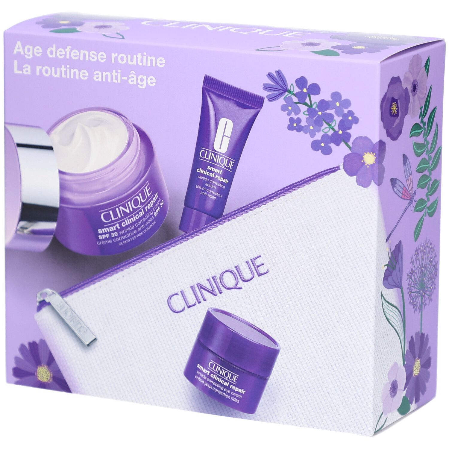 Clinique cadeau set met crèmes en toilettas. Paarse verpakking met productafbeeldingen.