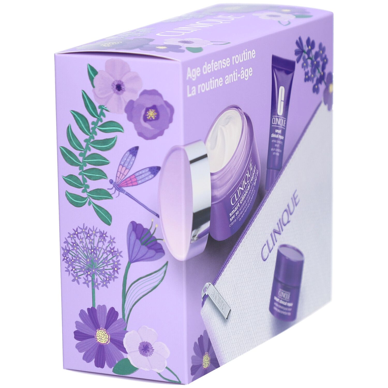 Paarse Clinique geschenkdoos met bloemen en libellen. Schuine weergave.