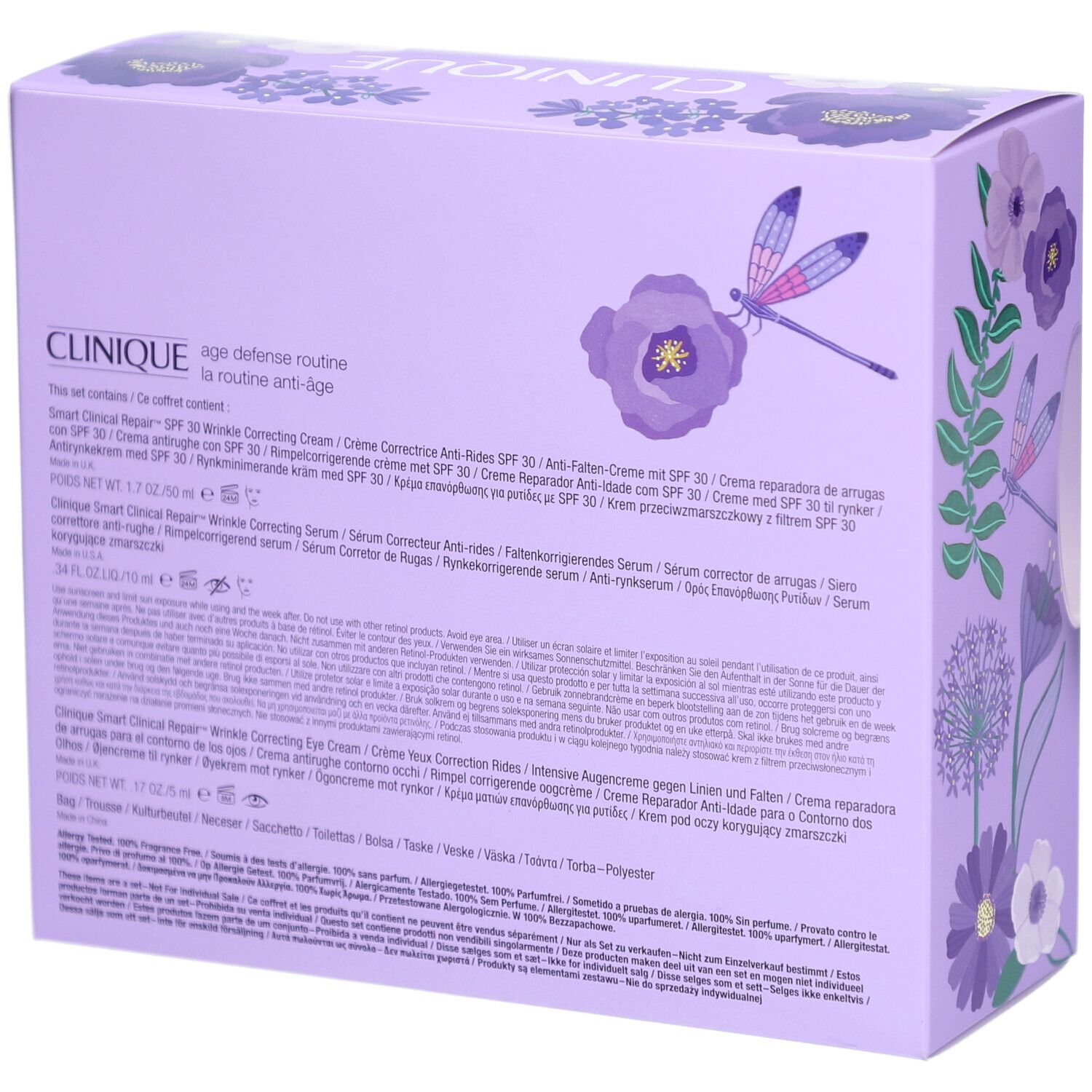 Achterkant van de paarse geschenkdoos. Tekst met productnamen en ingrediënten. Clinique.