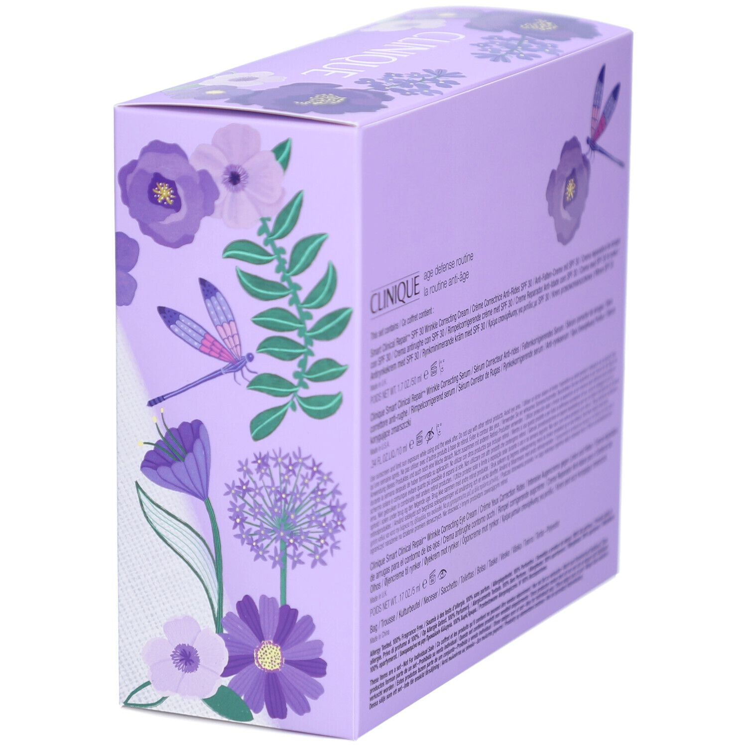 Paarse geschenkdoos met productnamen en ingrediënten. Schuine weergave. Clinique.