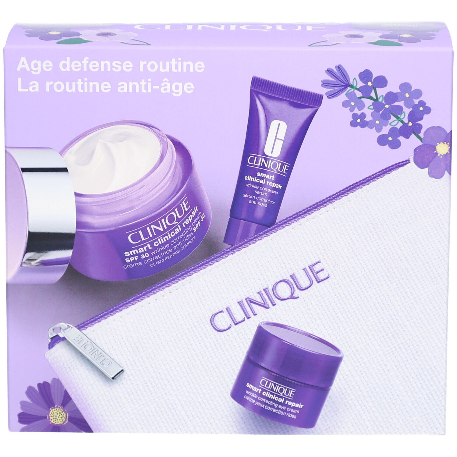 Cadeauset met crèmes, tube en toilettas. Paarse verpakking. Clinique.