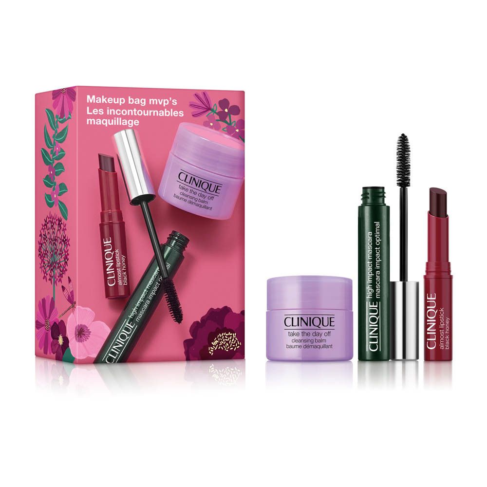 Clinique make-up set met tasje, mascara, lippenstift en reinigingsbalsem.