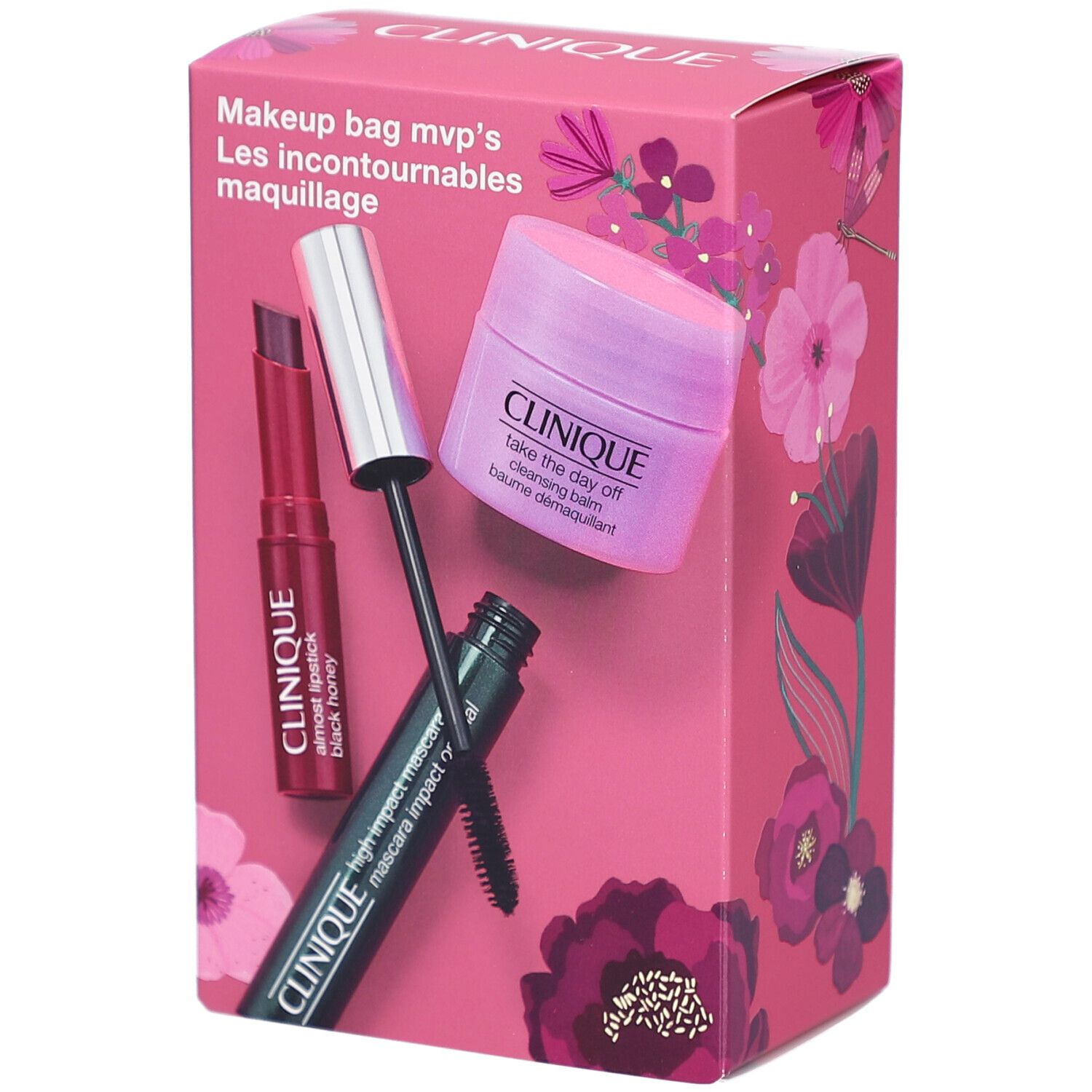 Coffret rose Clinique avec mascara, rouge à lèvres et baume nettoyant. Texte: Makeup bag mvp's, Les incontournables maquillage.