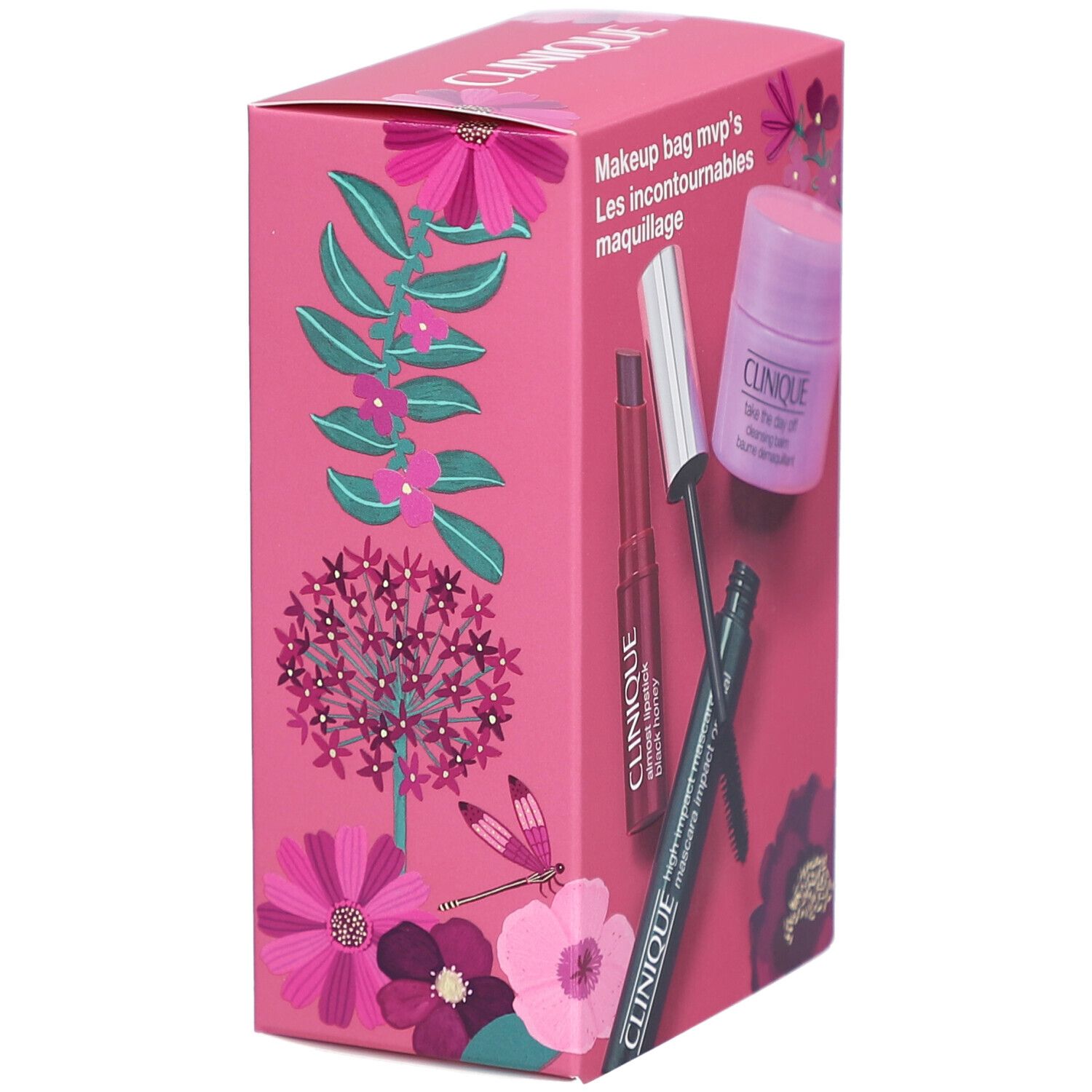 Vue latérale du coffret rose Clinique avec mascara, rouge à lèvres et baume nettoyant. Texte: Makeup bag mvp's, Les incontournables maquillage.