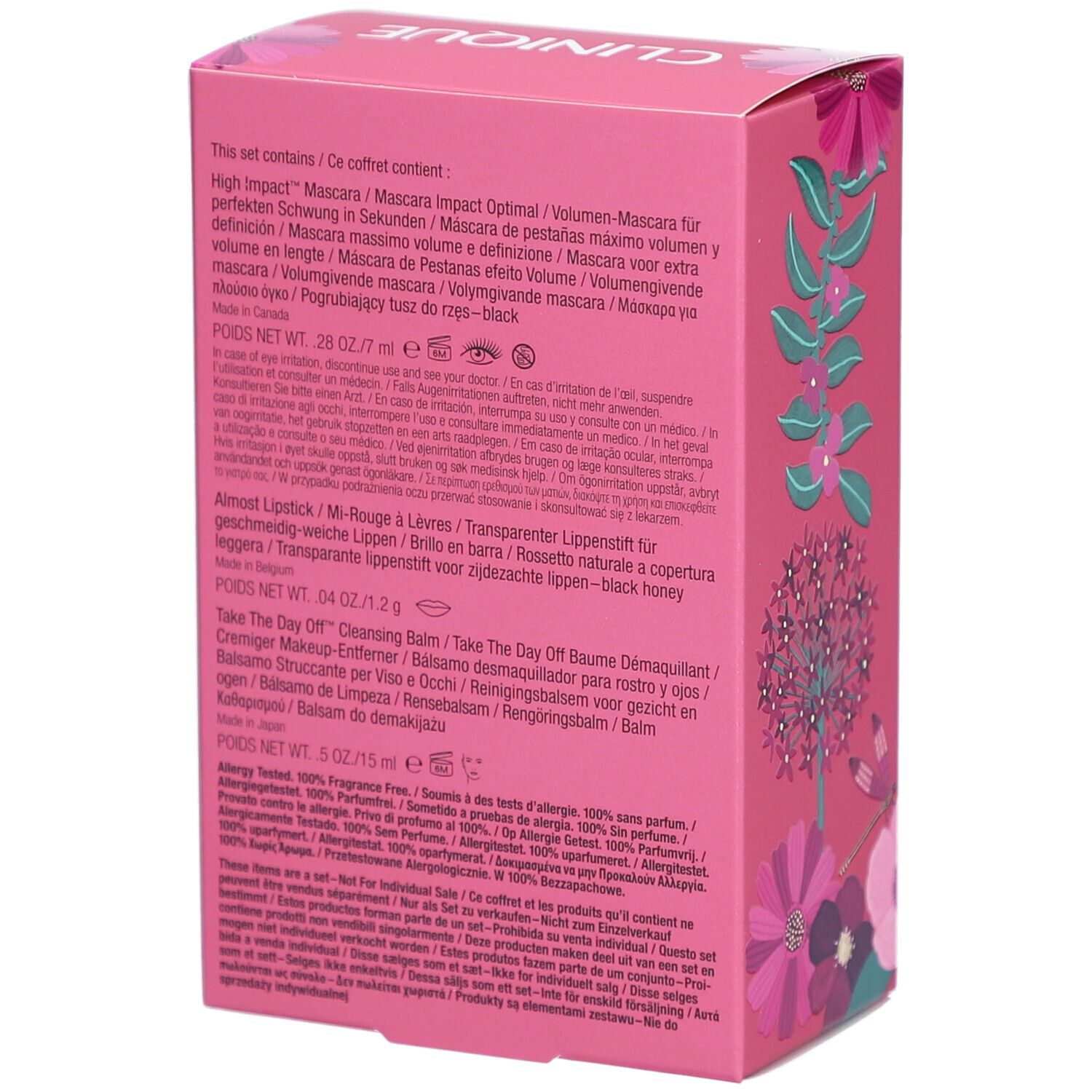 Dos du coffret rose Clinique. Textes: High Impact Mascara, Almond Lipstick, Take The Day Off Cleansing Balm.