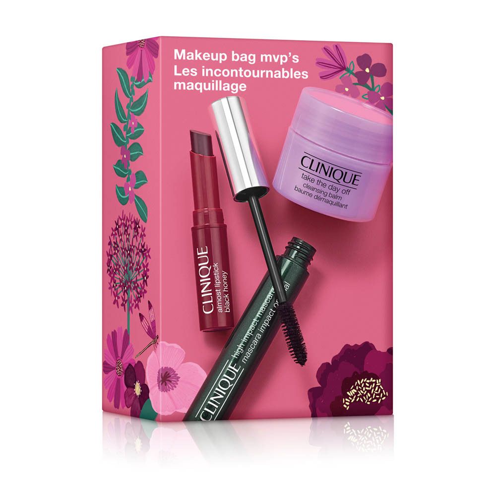 Trousse de maquillage Clinique avec rouge à lèvres, mascara et baume démaquillant.