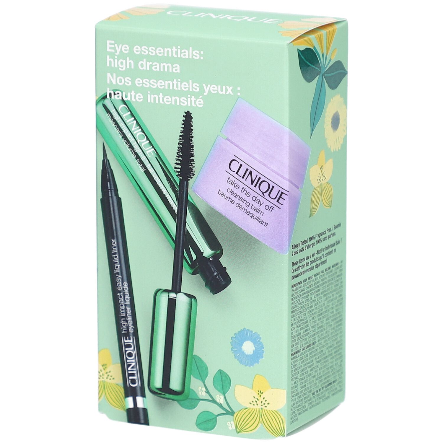 Clinique geschenkset voor ogen. Bevat eyeliner, mascara en make-up remover. Lichtgroene verpakking met bloemen.