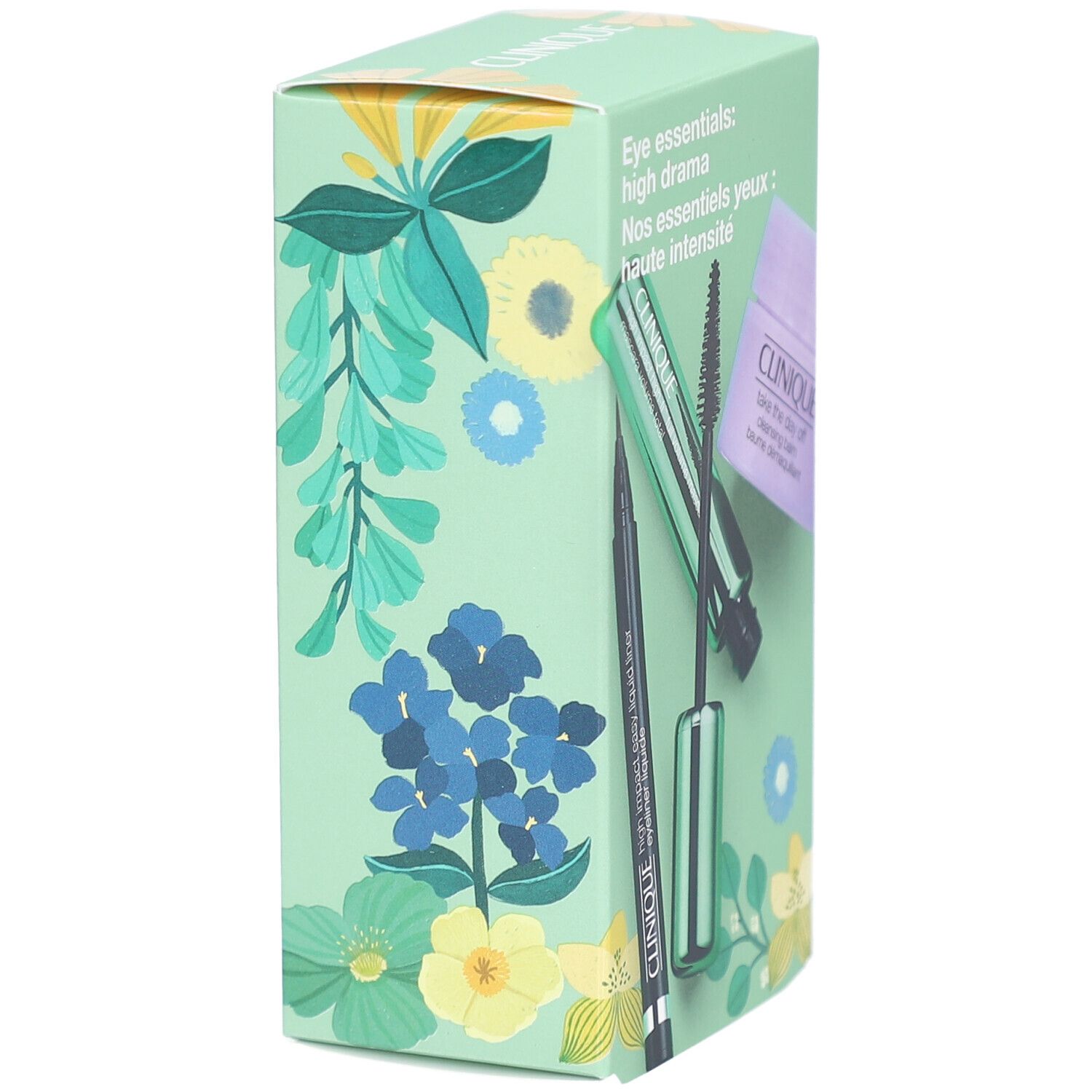 Zijaanzicht van de geschenkverpakking met bloemmotief. Bevat eyeliner, mascara en make-up remover.