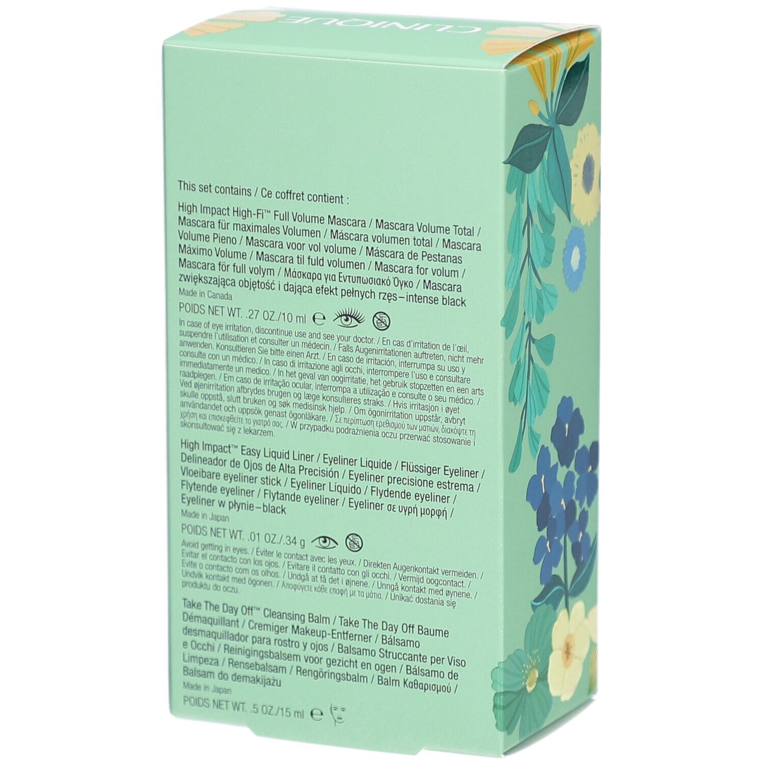 Achterkant van de geschenkverpakking met productinformatie en ingrediënten. Meertalige tekst.