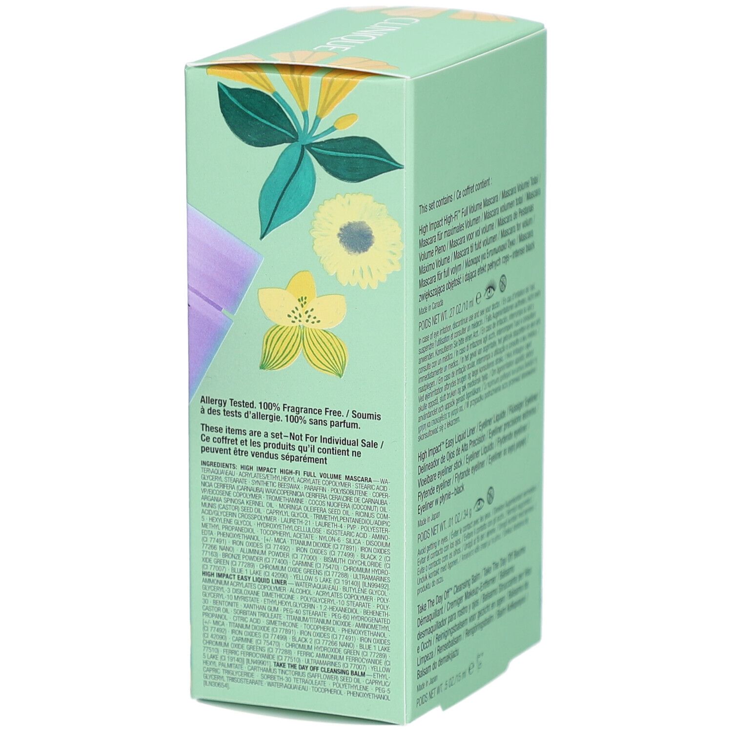 Achterkant van de geschenkverpakking met productinformatie en ingrediënten. Meertalige tekst.