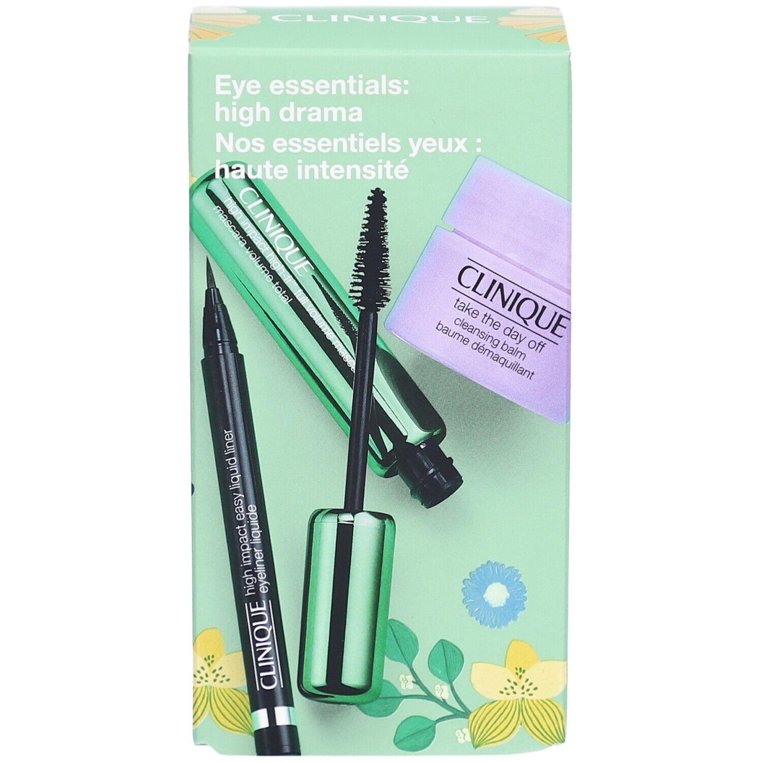Clinique geschenkset voor ogen. Bevat eyeliner, mascara en make-up remover. Lichtgroene verpakking met bloemen.