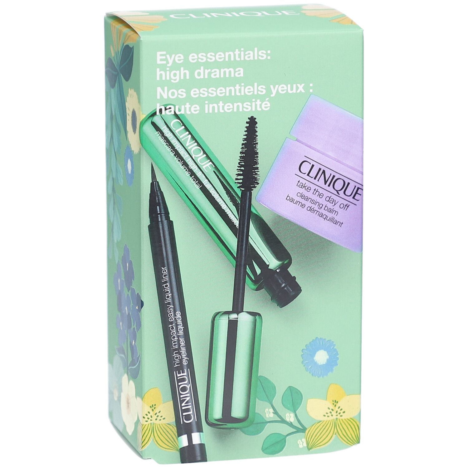 Clinique geschenkset voor ogen. Bevat eyeliner, mascara en make-up remover. Lichtgroene verpakking met bloemen.