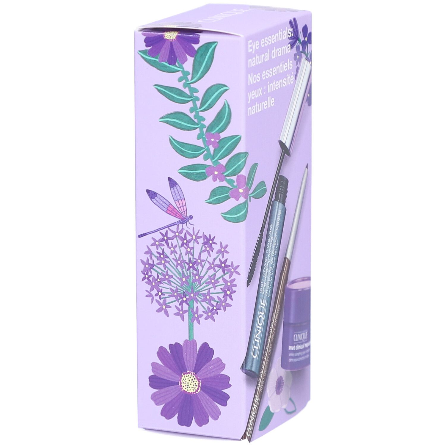 Coffret violet en biais. Inscription: Eye essentials: natural drama. Représentation de mascara, eyeliner et crème pour les yeux.