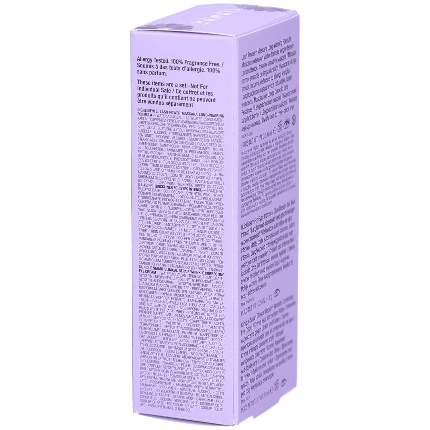 Côté du coffret violet. Texte: ingrédients, test d'allergie, 'Not For Individual Sale'.