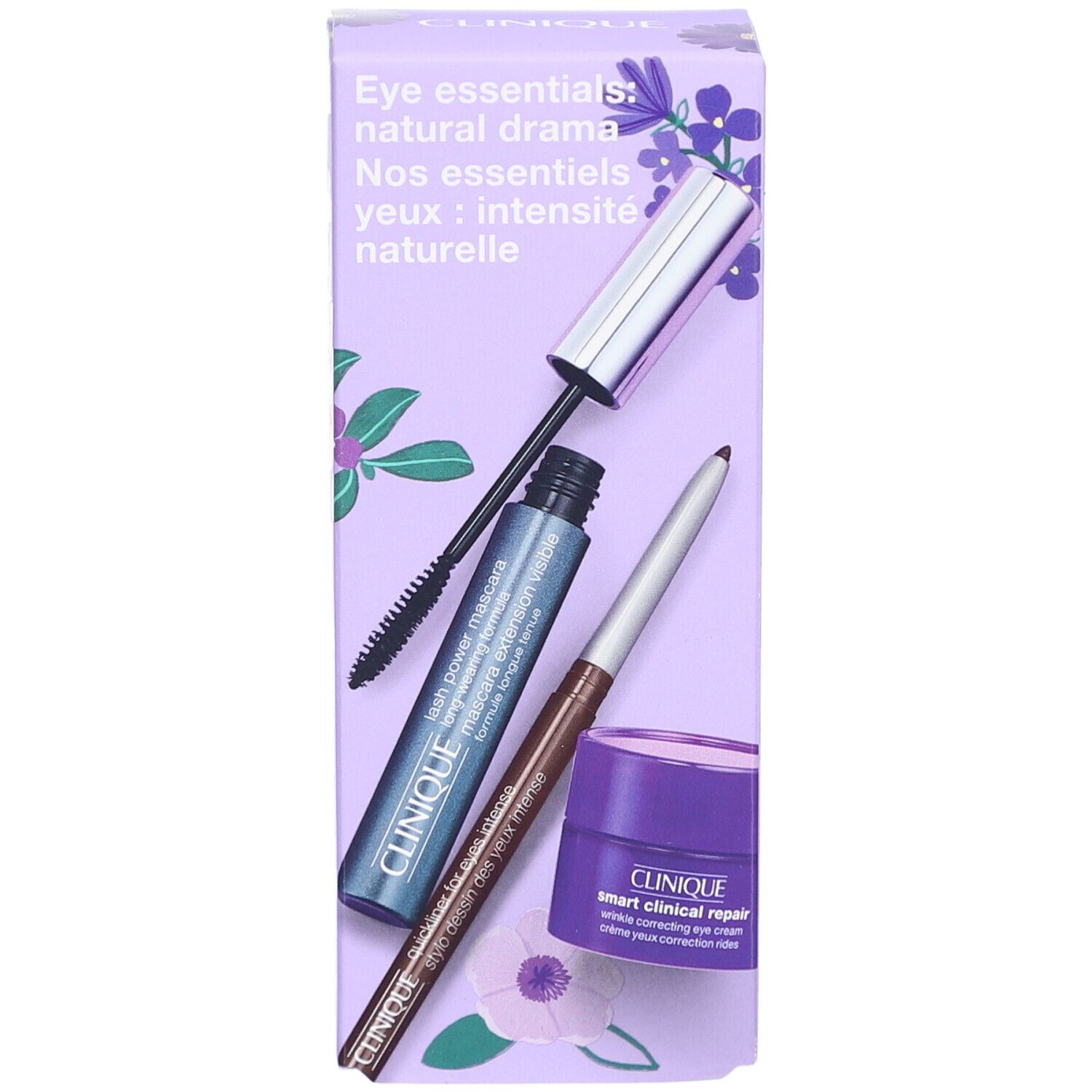 Coffret violet avec mascara, eyeliner et crème pour les yeux. Inscription: Eye essentials: natural drama. Logo Clinique visible.