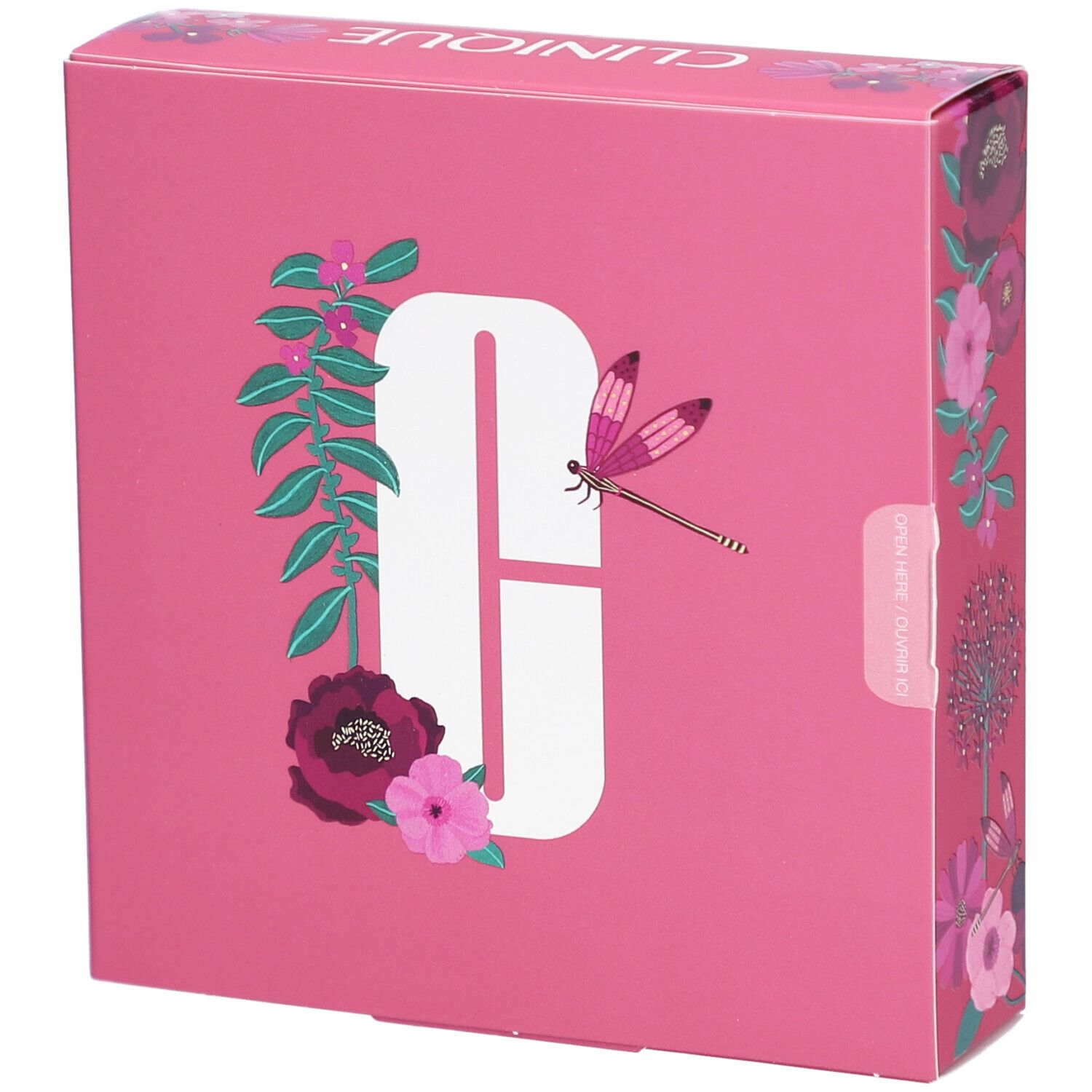 Roze Clinique geschenkverpakking met bloemenmotief en logo. De zijkant toont de tekst "Clinique". Vierkante vorm.