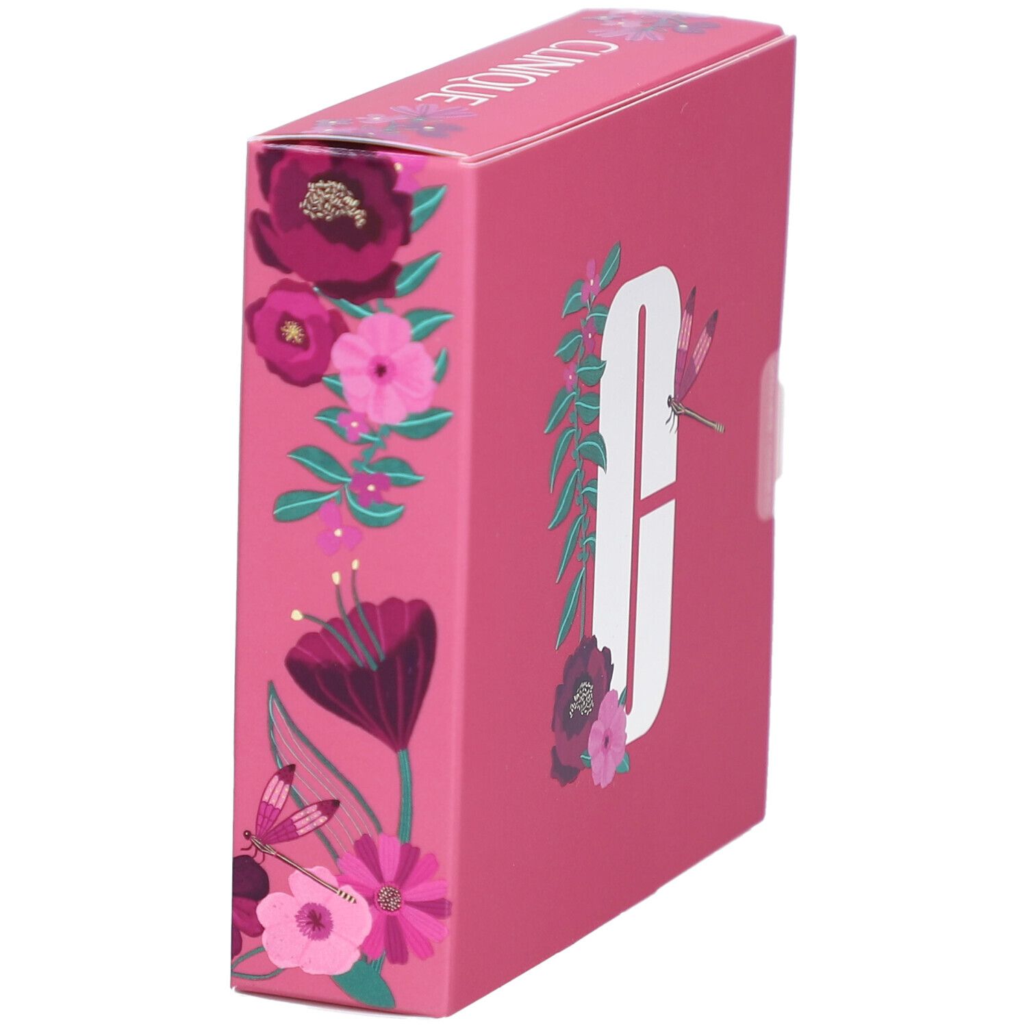 Roze Clinique geschenkverpakking met bloemenmotief en logo. De zijkant toont de tekst "Clinique". Rechthoekige vorm.