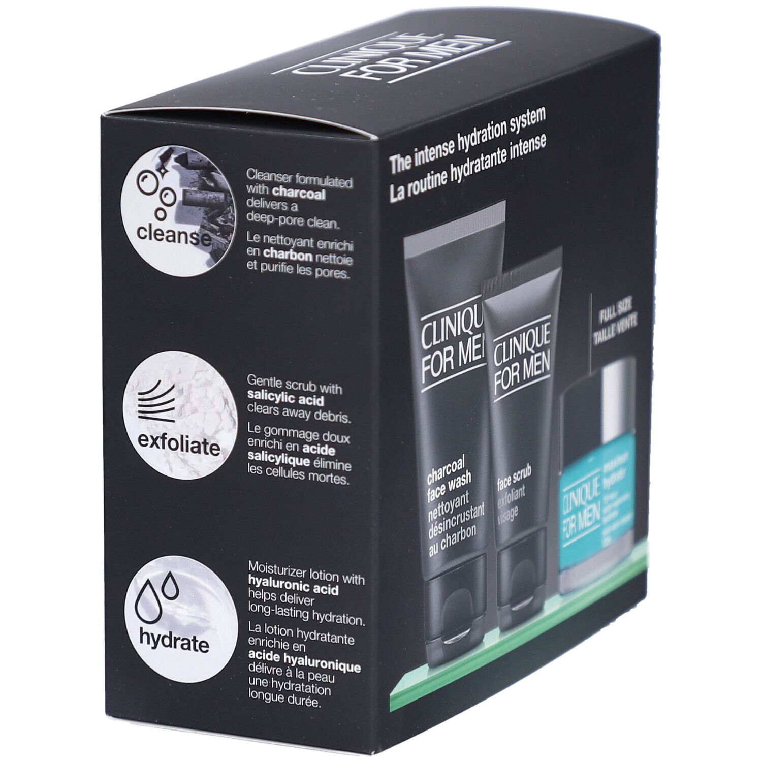 Emballage noir avec illustrations de produits. Texte décrivant les ingrédients et leurs effets sur la peau.