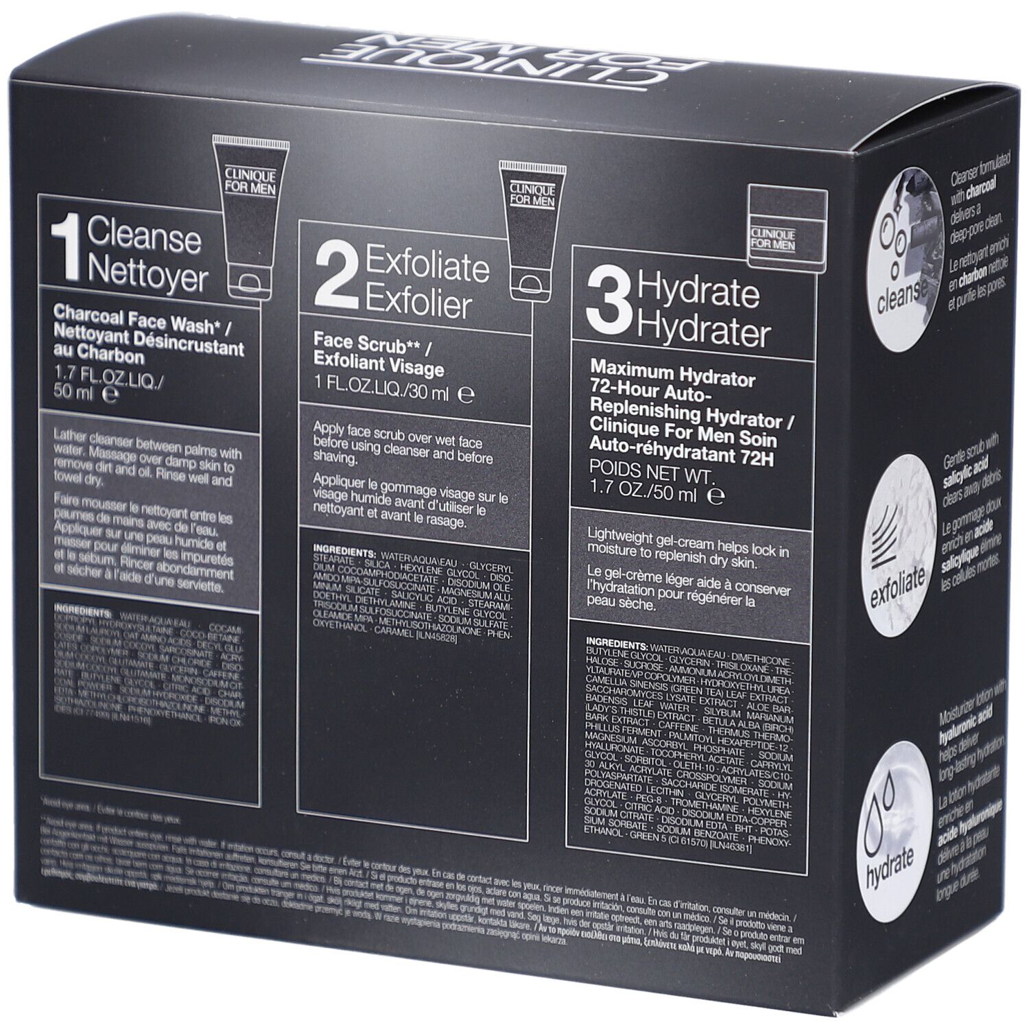 Dos de l'emballage avec informations détaillées sur les produits. Ingrédients et instructions d'utilisation.