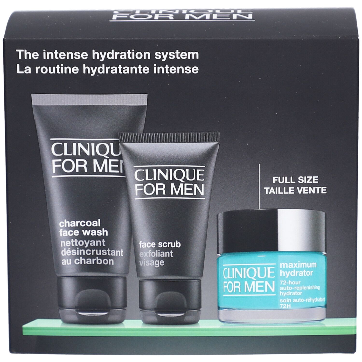 Coffret cadeau avec nettoyant, gommage et hydratant. Emballage noir avec noms de produits et logo.