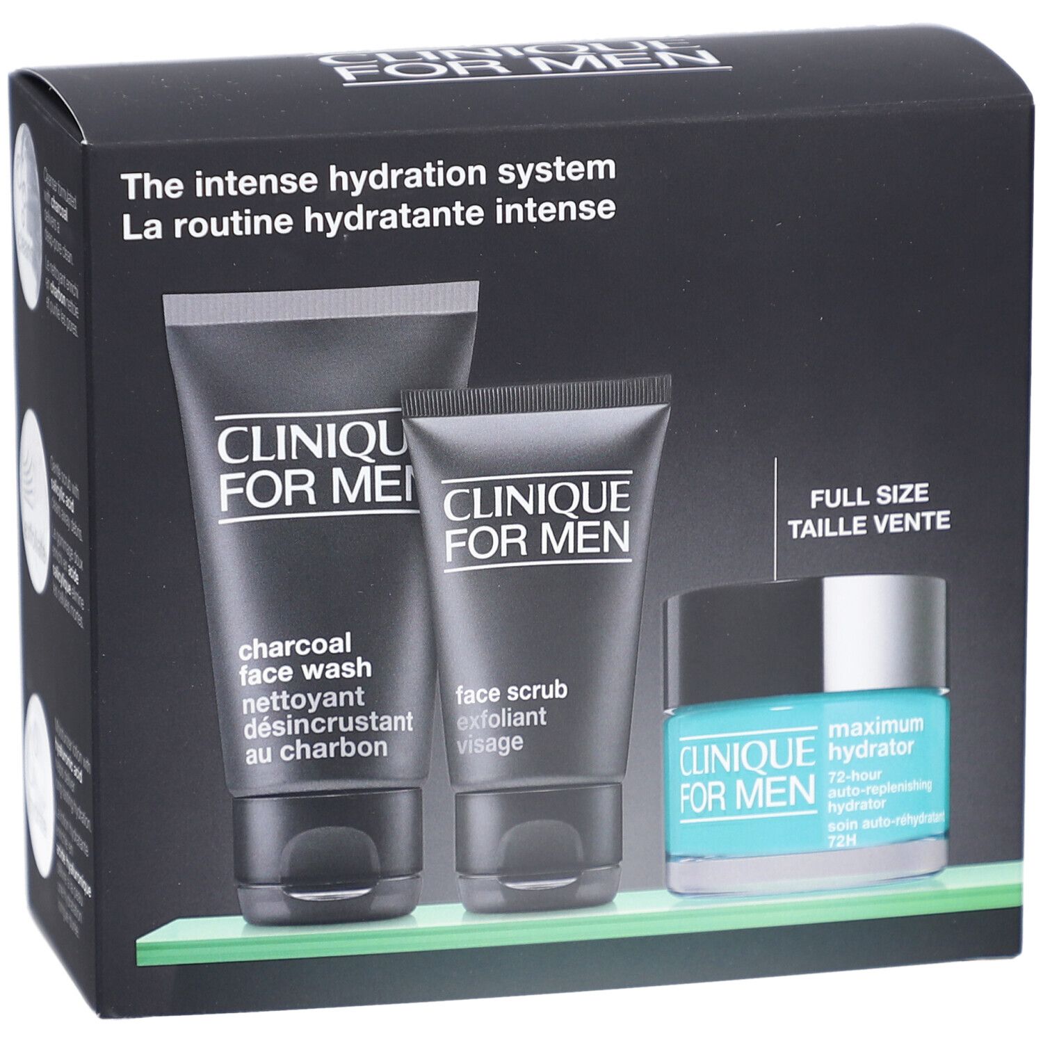 Coffret cadeau avec nettoyant, gommage et hydratant. Emballage noir avec noms de produits et logo.