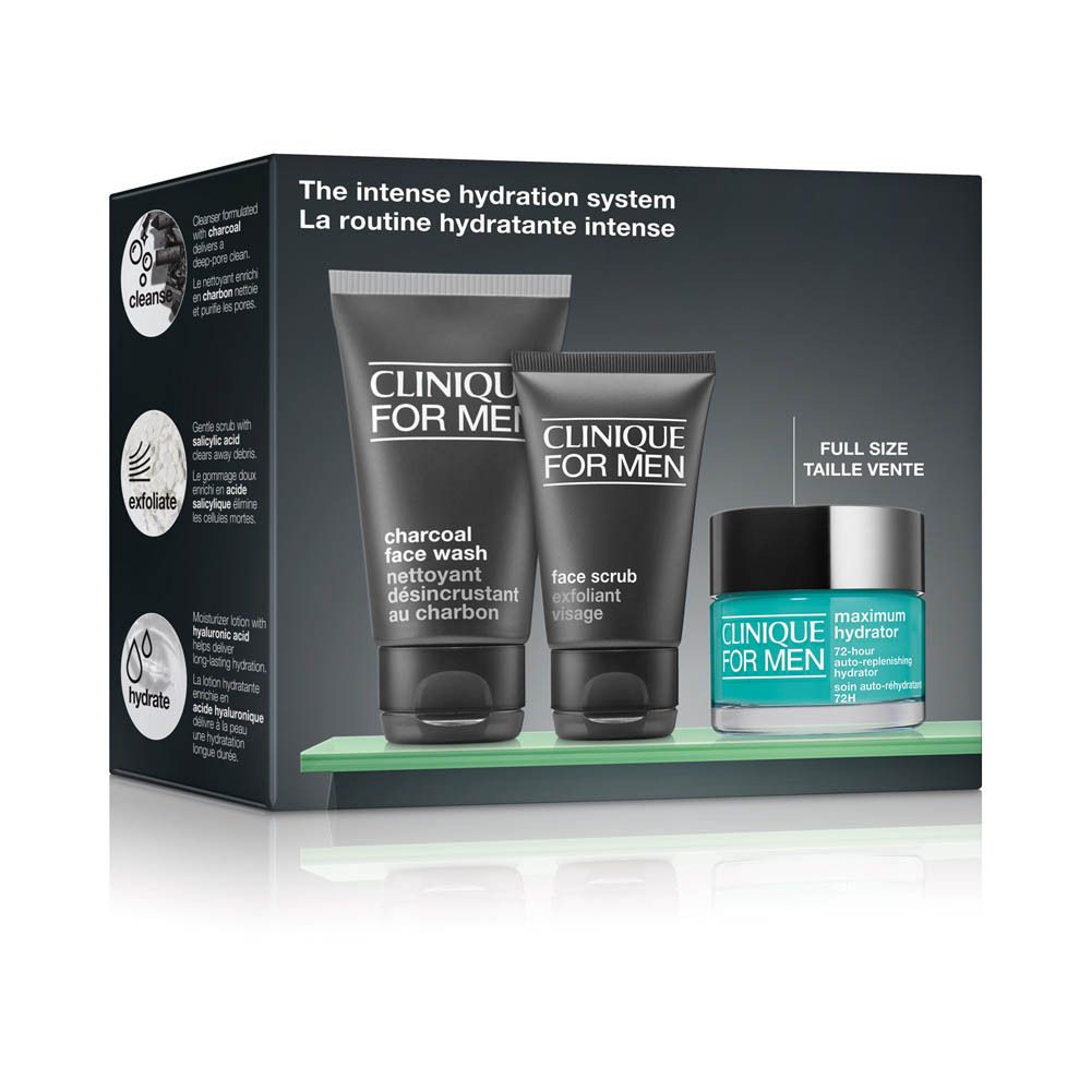 Clinique for Men huidverzorgingsset met gezichtsreiniger, scrub en moisturizer.