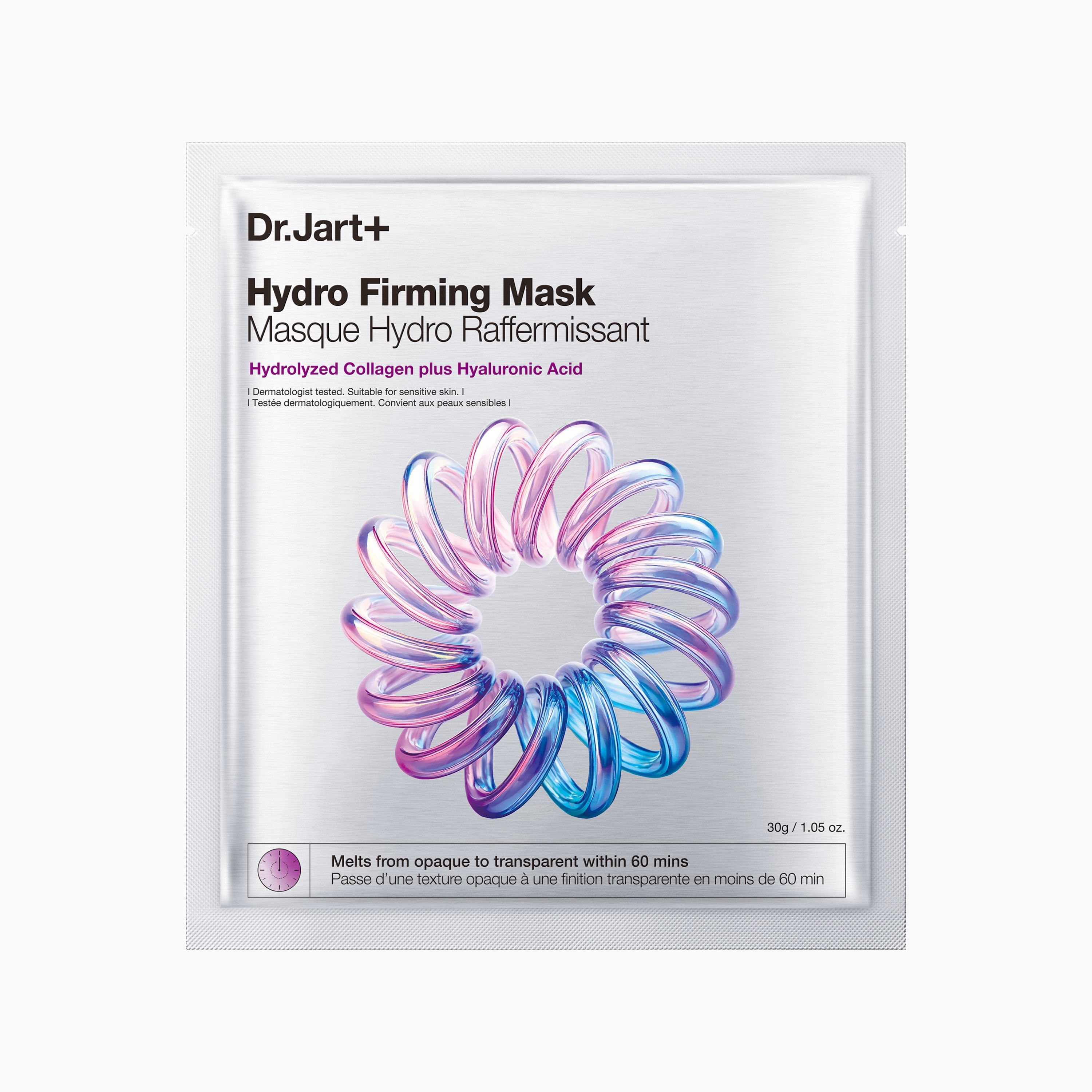 Masque Hydro Raffermissant Dr.Jart+. Sachet blanc avec spirale rose et bleue. Texte: Hydrolyzed Collagen plus Hyaluronic Acid.