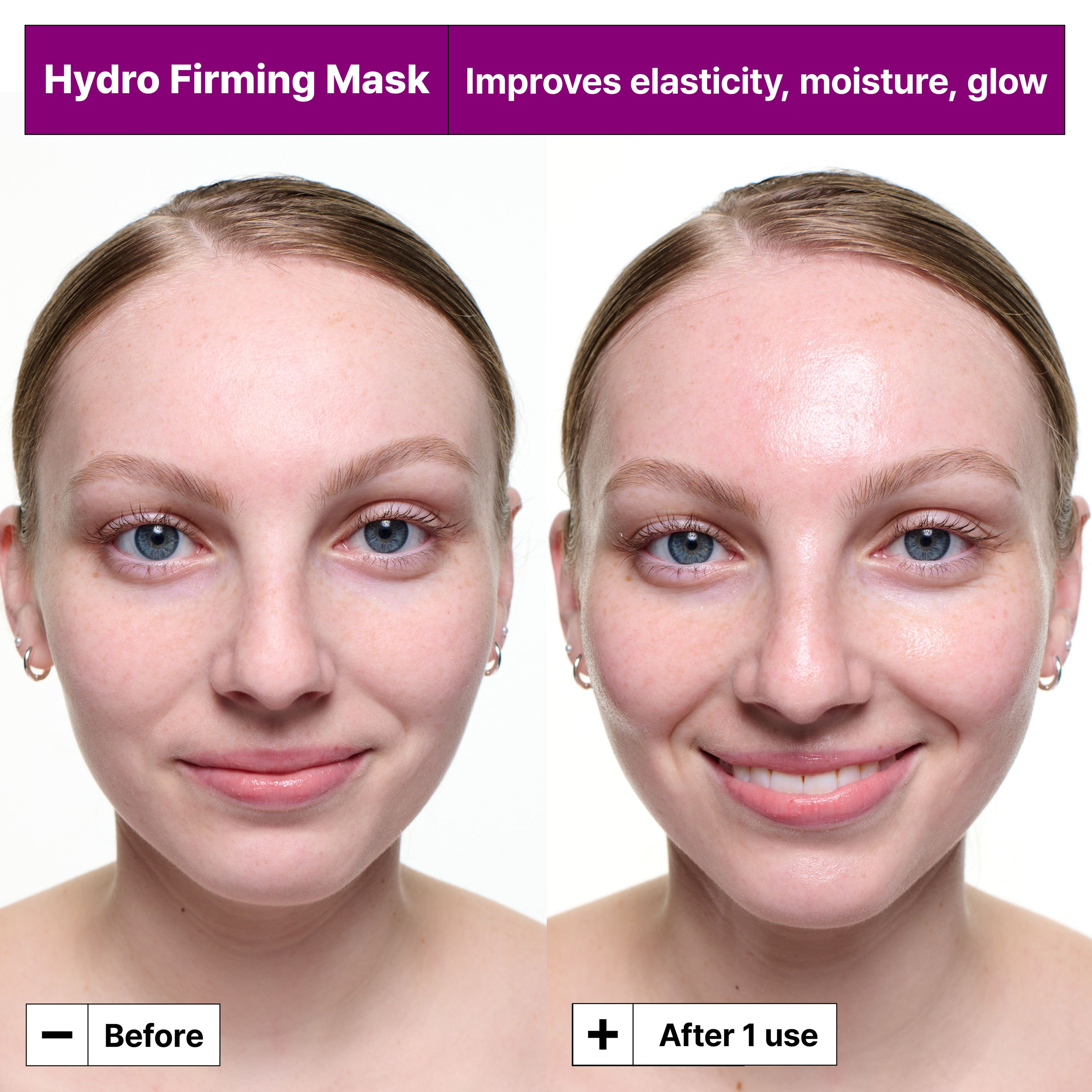 Visages avant et après utilisation. Texte: Hydro Firming Mask. Améliore l'élasticité, l'hydratation, l'éclat.