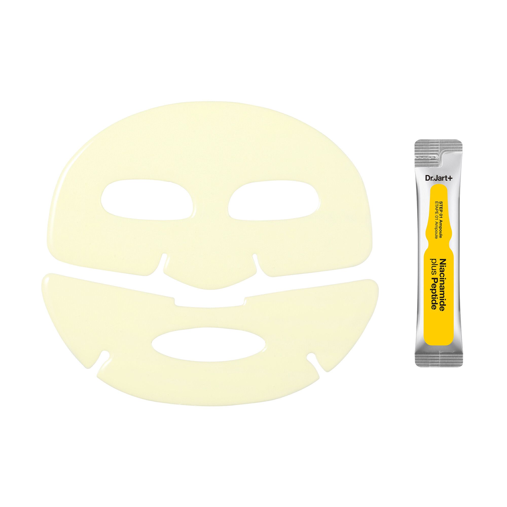 Dr.Jart+ Cryo Rubber™ Brightening Mask. Geel maskerblad met gezichtskenmerken en een ampul.
