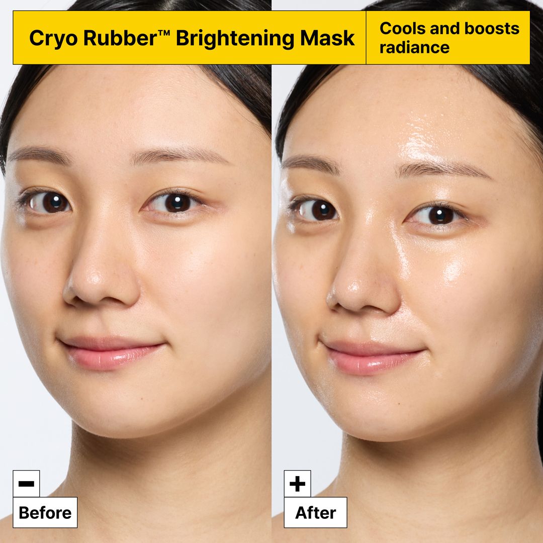 Voor-en-na vergelijking. Gezicht van een vrouw voor en na het gebruik van Dr.Jart+ Cryo Rubber™ Brightening Mask.