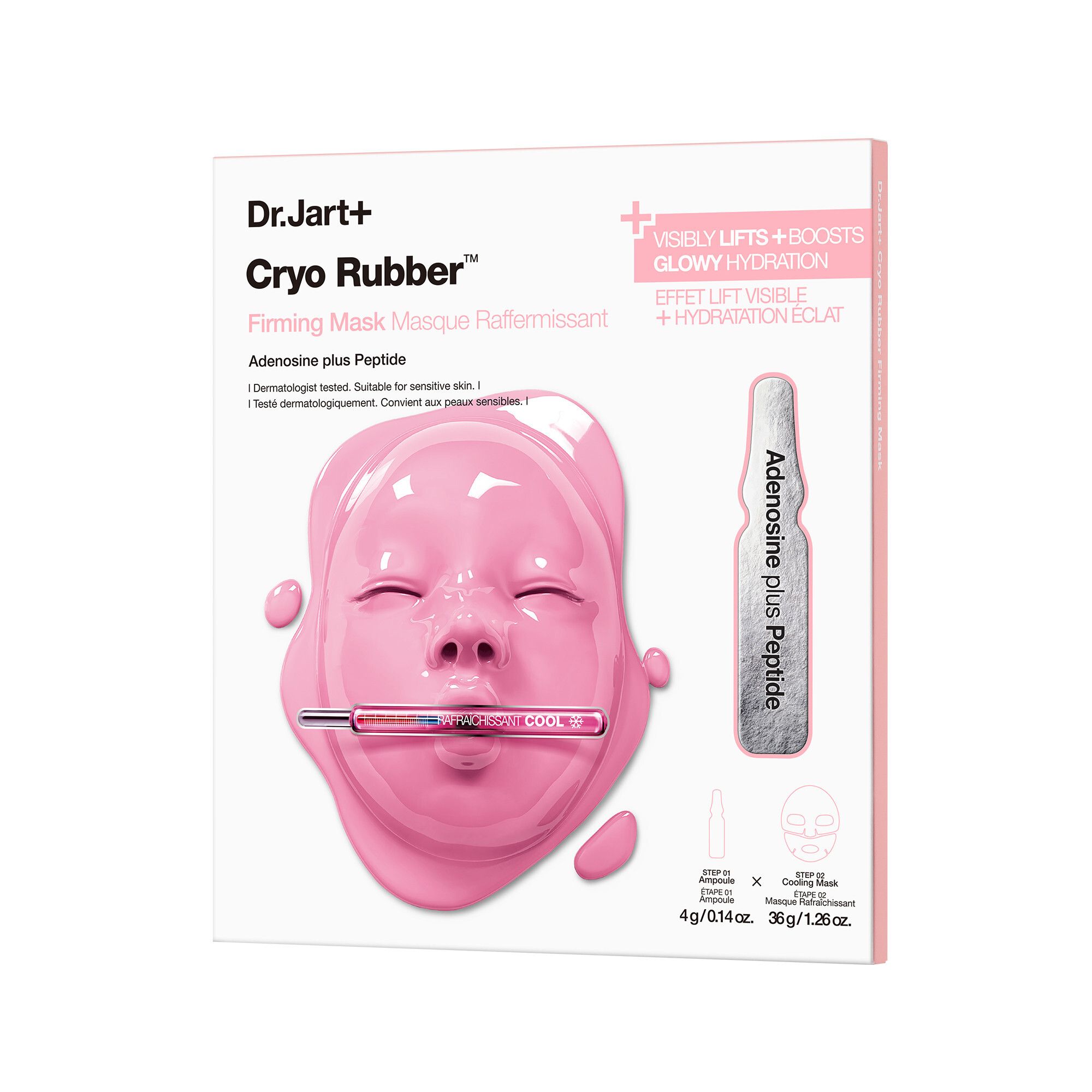 Emballage Dr.Jart+ Cryo Rubber Firming Mask. Masque rose et ampoule. Texte: Adenosine plus Peptide.