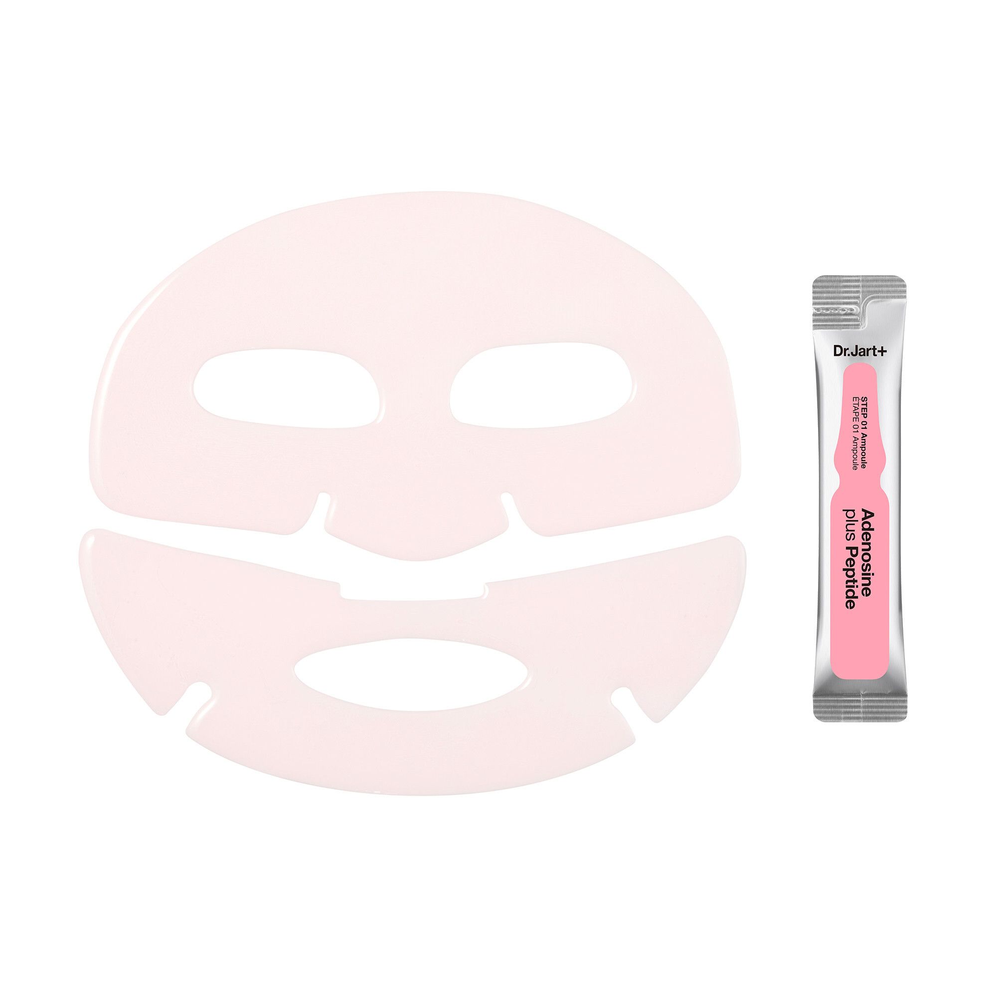 Masque facial rose et ampoule. Masque avec ouvertures yeux, nez et bouche. Ampoule avec texte: Adenosine plus Peptide.